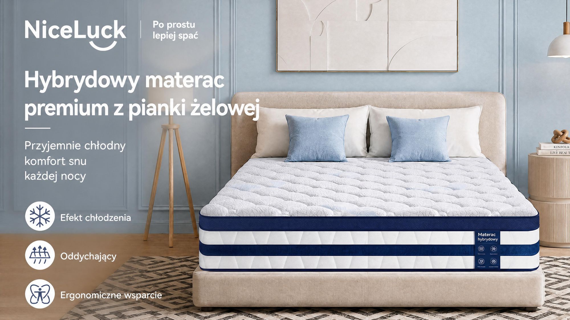 Materac 180x200 cm, 26 cm wysokości, z wbudowanym pokrowcem termoaktywnym, 7-strefowy materac sprężynowy kieszeniowy o twardości H3/H4 – wysokiej jakości pokrowiec o gramaturze 420 g/m²