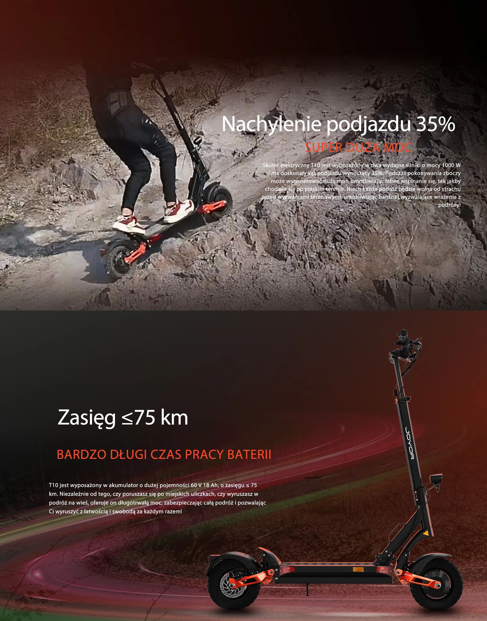 JOYOR T10 Składana Hulajnoga Elektryczna - Silnik 2x1000W Baterią 60V18AH 10-calowe Opony Hamulce tarczowe hydrauliczne - Czarny