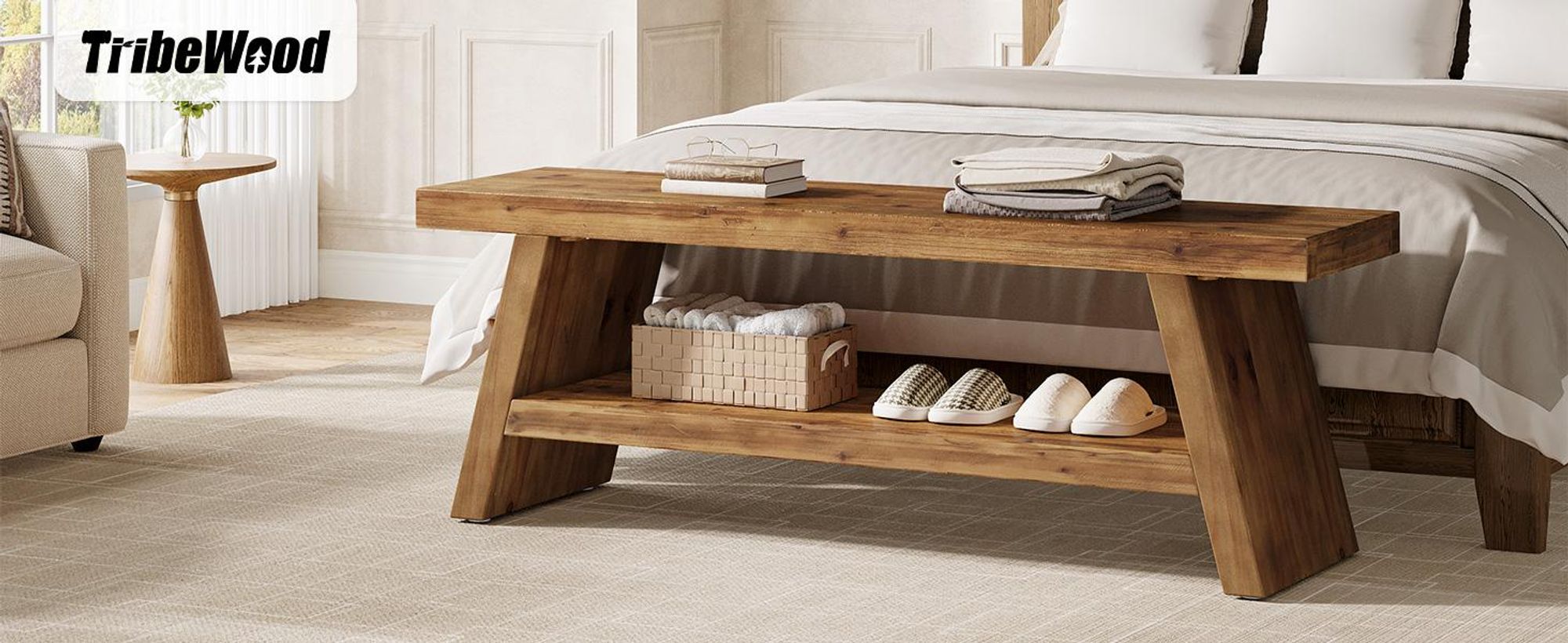 Tribesigns 2-stöckige Eingangsbank, Flurbank aus Massivholz mit offenen Regalen, Schuhbank, geeignet Eingangsbereich, Wohnzimmer, Schlafzimmer, Braun
