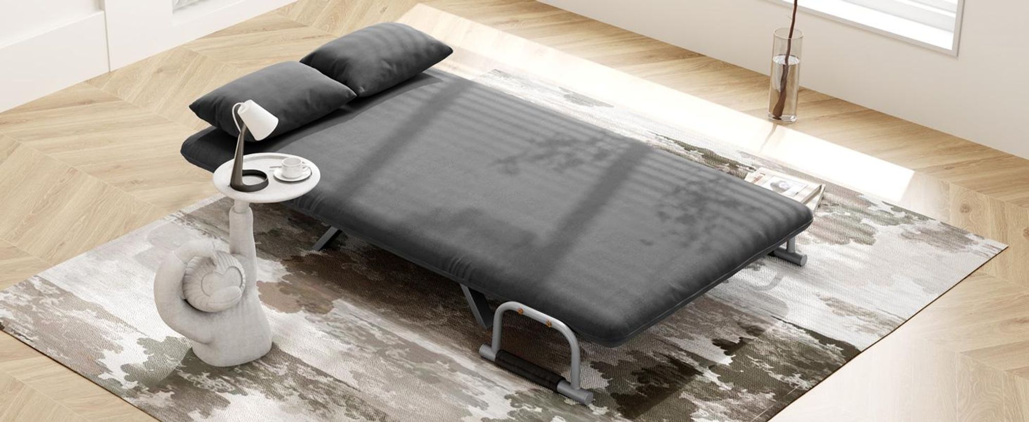Sofa rozkładana HOMCOM z regulowanym oparciem, poduszkami dekoracyjnymi, funkcją spania, wyglądem aksamitu, podłokietnikiem, łóżkiem gościnnym, składanym krzesłem do salonu, sypialni, szara