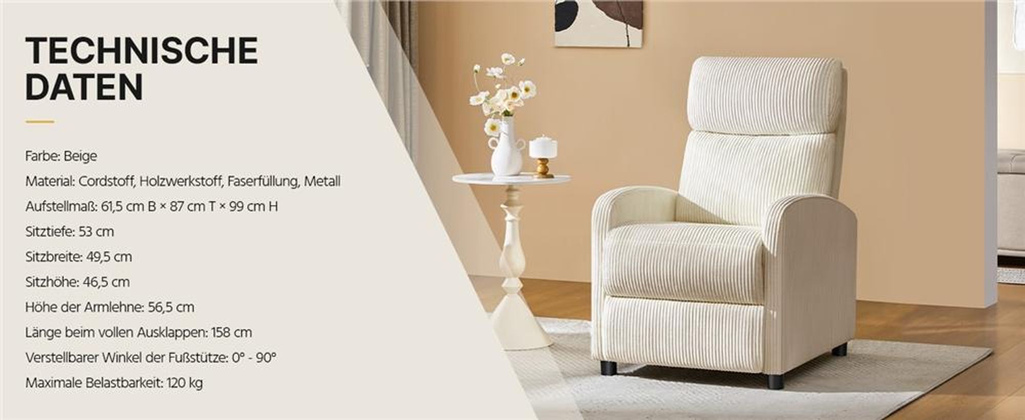 Yaheetech Fernsehsessel Relaxsessel aus Cordstoff mit Verstellbarer Beinablage, Beige