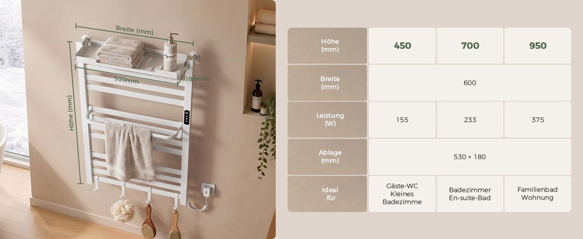 S'AFIELINA Handtuchheizkörper elektrisch mit Ablage 700×600 233W Weiß,Elektrischer Handtuchwärmer mit WLAN-App-Steuerung, Kohlefaser-Heizung