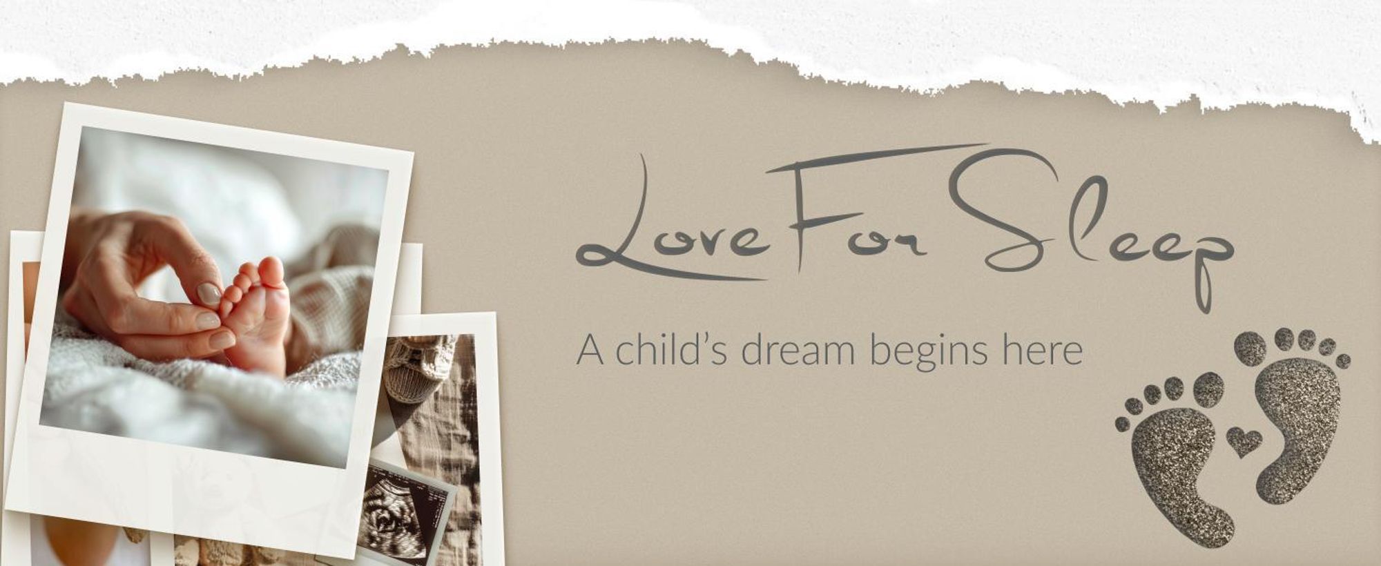 Love For Sleep Logo mit Babyfotos und dem Slogan „A child’s dream begins here“
