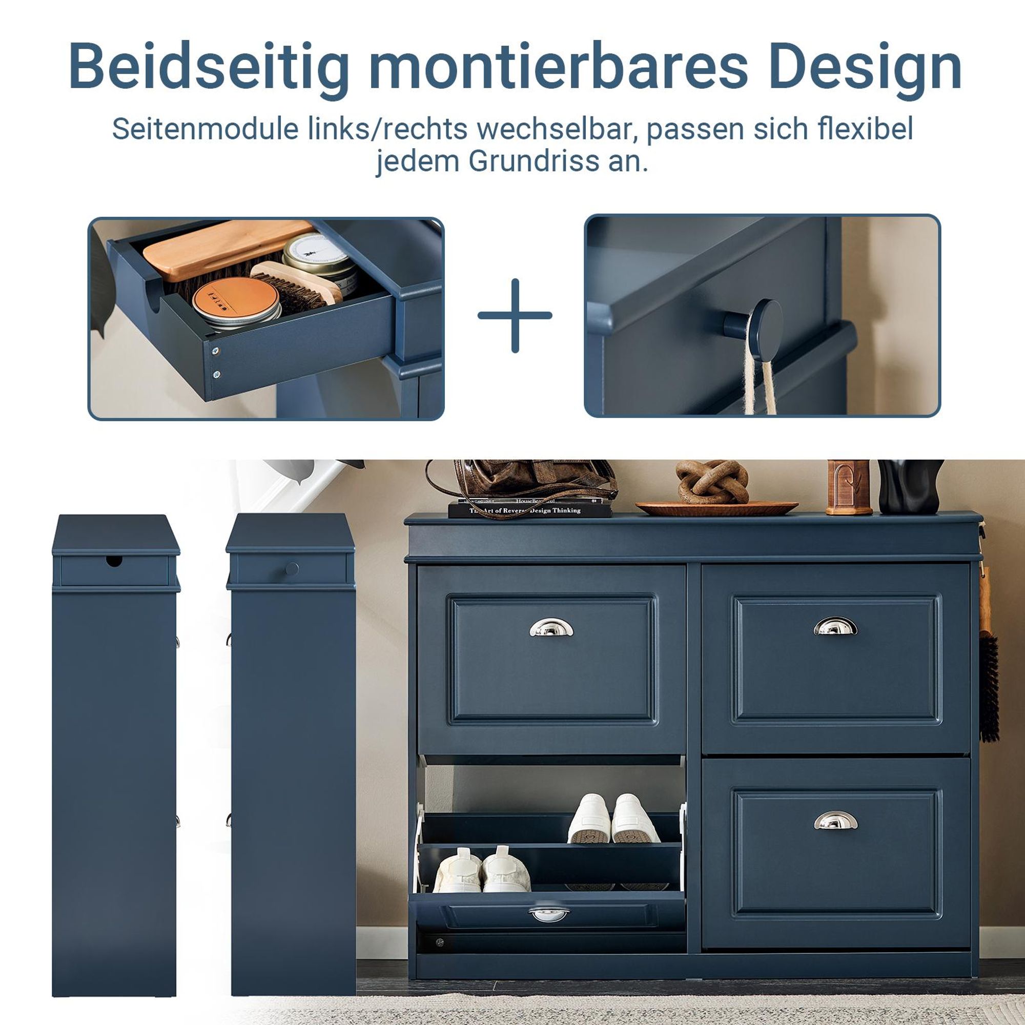 SoBuy schmaler Schuhschrank 24 cm tief mit 4 Klappen, Schublade & Haken, Schuhkipper für Flur mit Stauraum für bis zu 16 Paar Schuhe, Blau FSR79-B