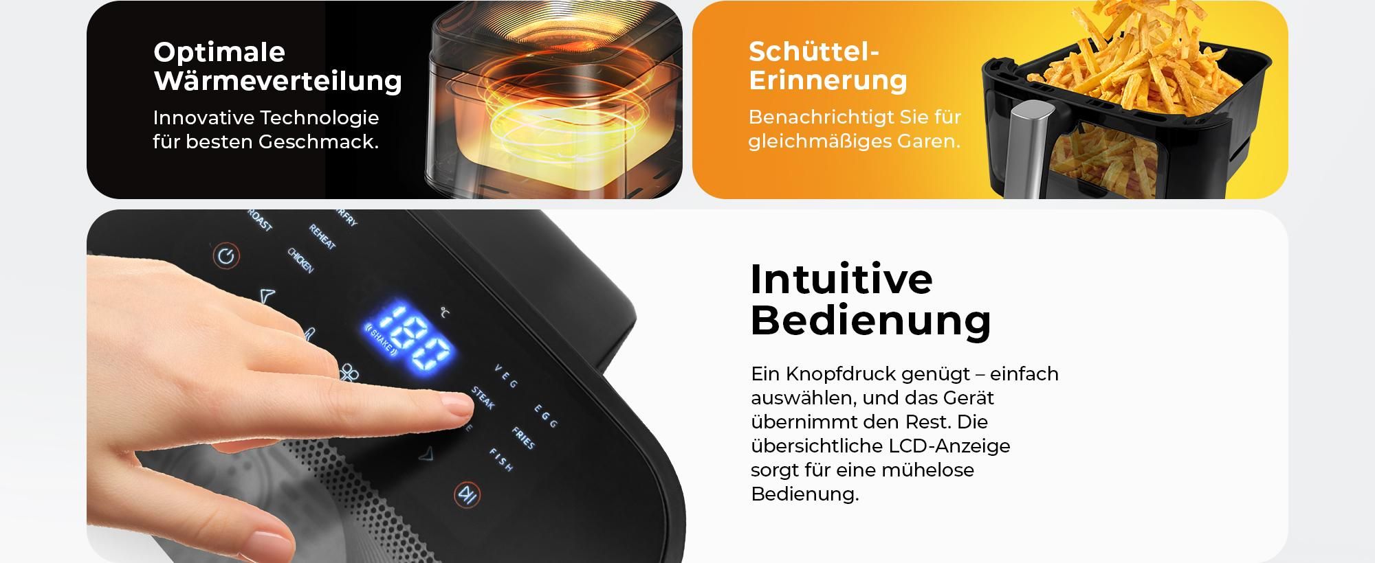 Balter Heißluftfritteuse XXL 6,5L mit Sichtfenster, 1700W, Airfryer, ohne Öl, 12 Programme, Touch-Bedienung, 100 Rezepte, Edelstahl, Schwarz
