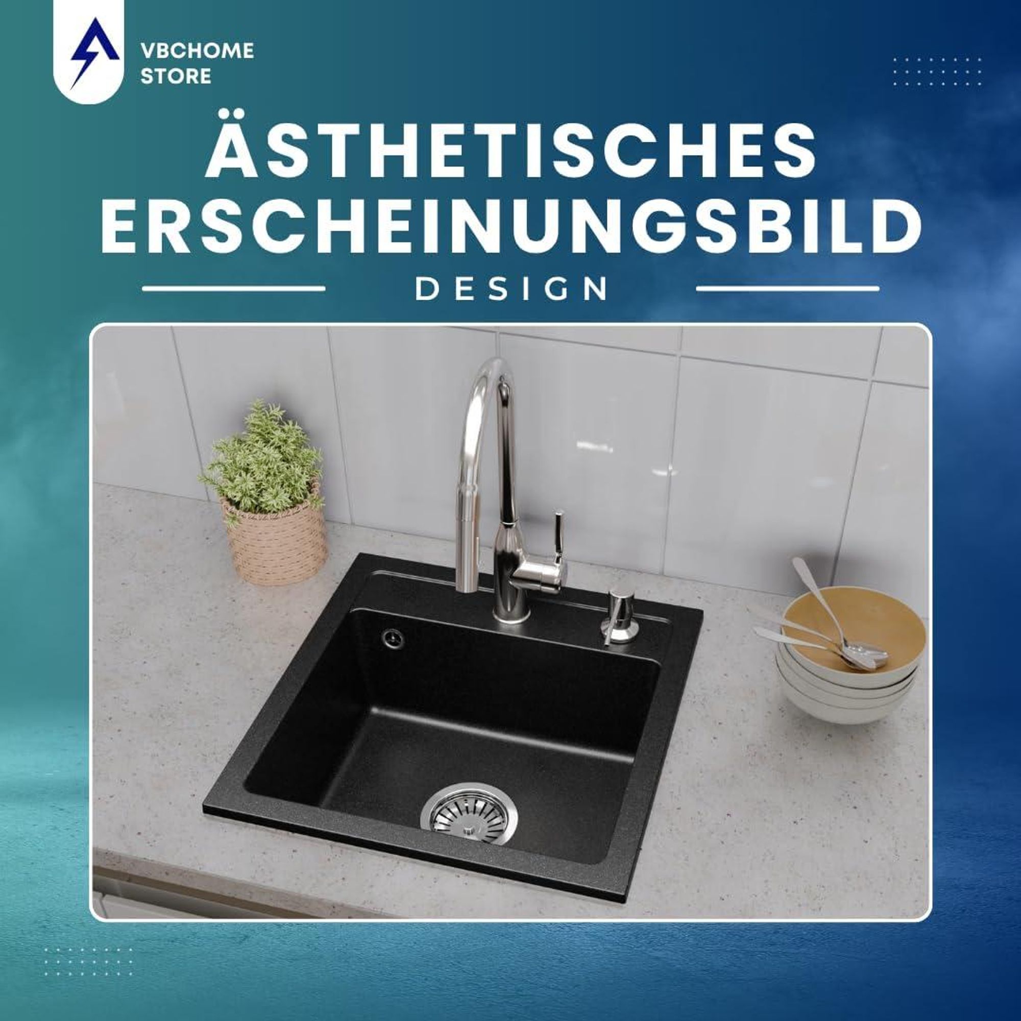 VBChome Granitspüle 44 x 44 cm Schwarz mit Armatur Einzelbecken Einbauspüle Gesprenkelt Pflegeleichtes Spülbecken mit Siphon Ideal für kleine Küchen