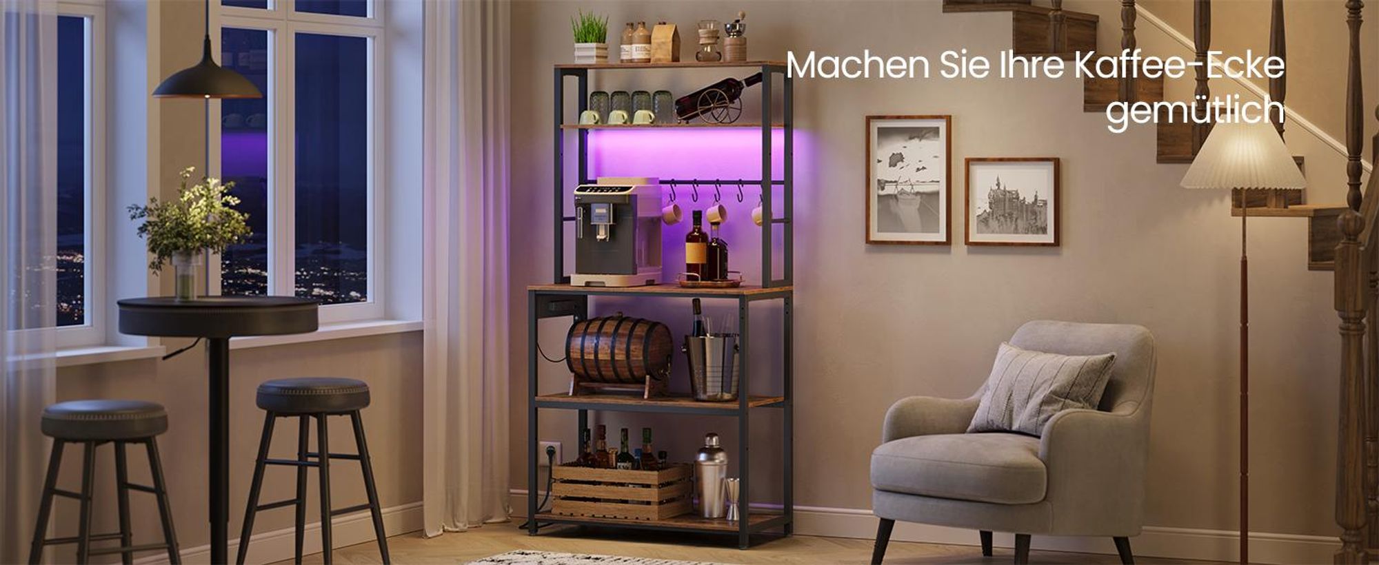 VASAGLE Küchenregal mit LED-Beleuchtung, Standregal mit Steckdosen, Mikrowellen-Regal mit verstellbaren Ablagen, 8 Haken, 40 x 80 x 168,4 cm