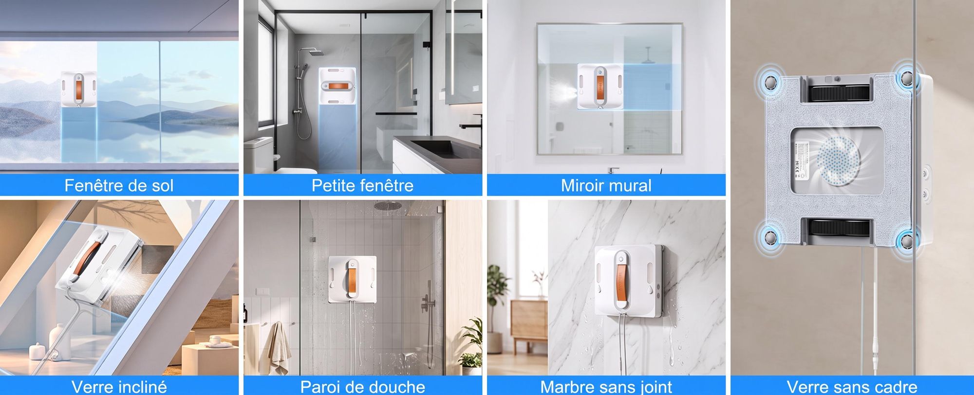 Robot lave-vitres intelligent Lubluelu CHYW201, 9 000 Pa, planification automatique des itinéraires, nettoyage des bords, Lingettes en microfibre lav