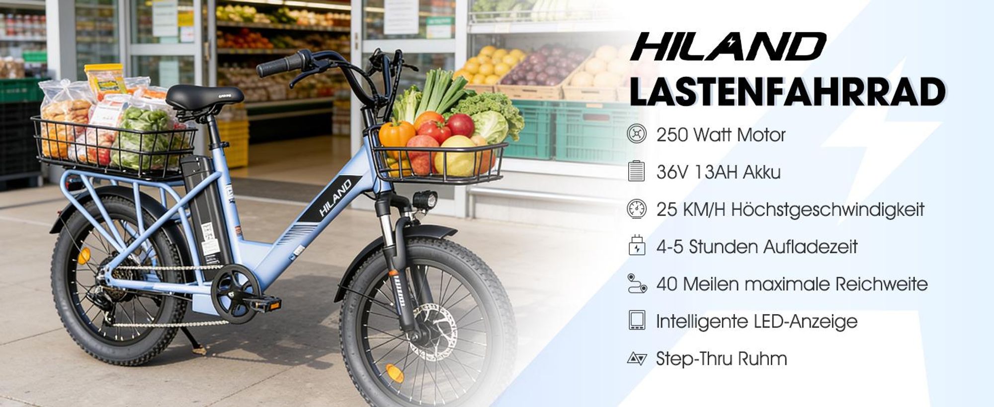 HILAND Lasten E-Bike Damen Herren 20 Zoll Fat Tire, Tiefeinsteiger Step-Thru Rahmen, 250W Pedelec mit 36V 13Ah Akku, Federgabel und komplettes Beleuch