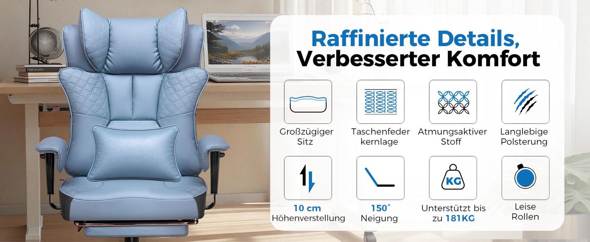 GTPLAYER Gaming Stuhl, Ergonomischer Bürostuhl mit Fußstütze, 150° Verstellbare Rückenlehne & Armlehnen, Computerstuhl Chefsessel, 180KG, BLAU