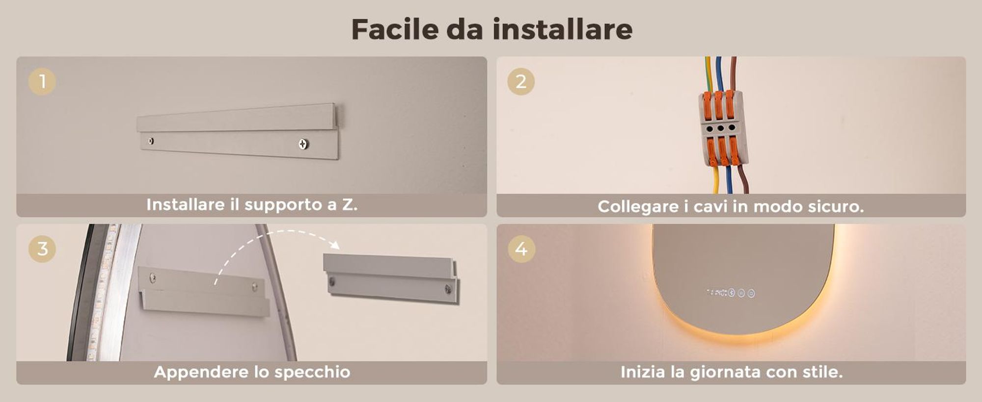 Espejo de baño S'AFIELINA, 75 x 55 cm. Con iluminación. Diseño asimétrico. 3 colores de luz, regulable, antiniebla, Bluetooth, reloj, temperatura, función de memoria