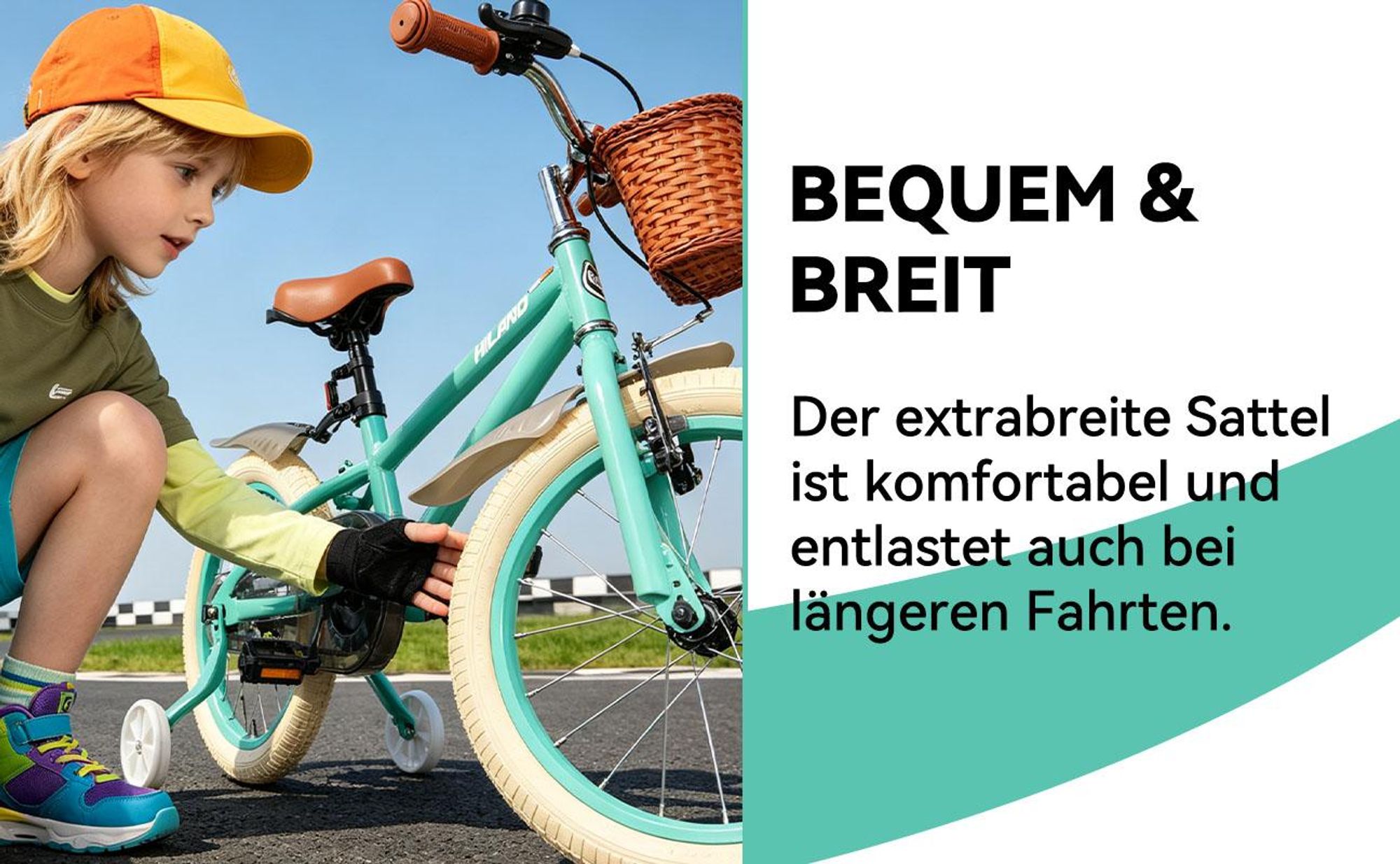 HILAND Ins Star 14 Zoll Kinderfahrrad für Mädchen Jungen 3 4 5 6 Jahre mit Stützräder, Korb, Handbremse und Rücktrittbremse, Mintgrün