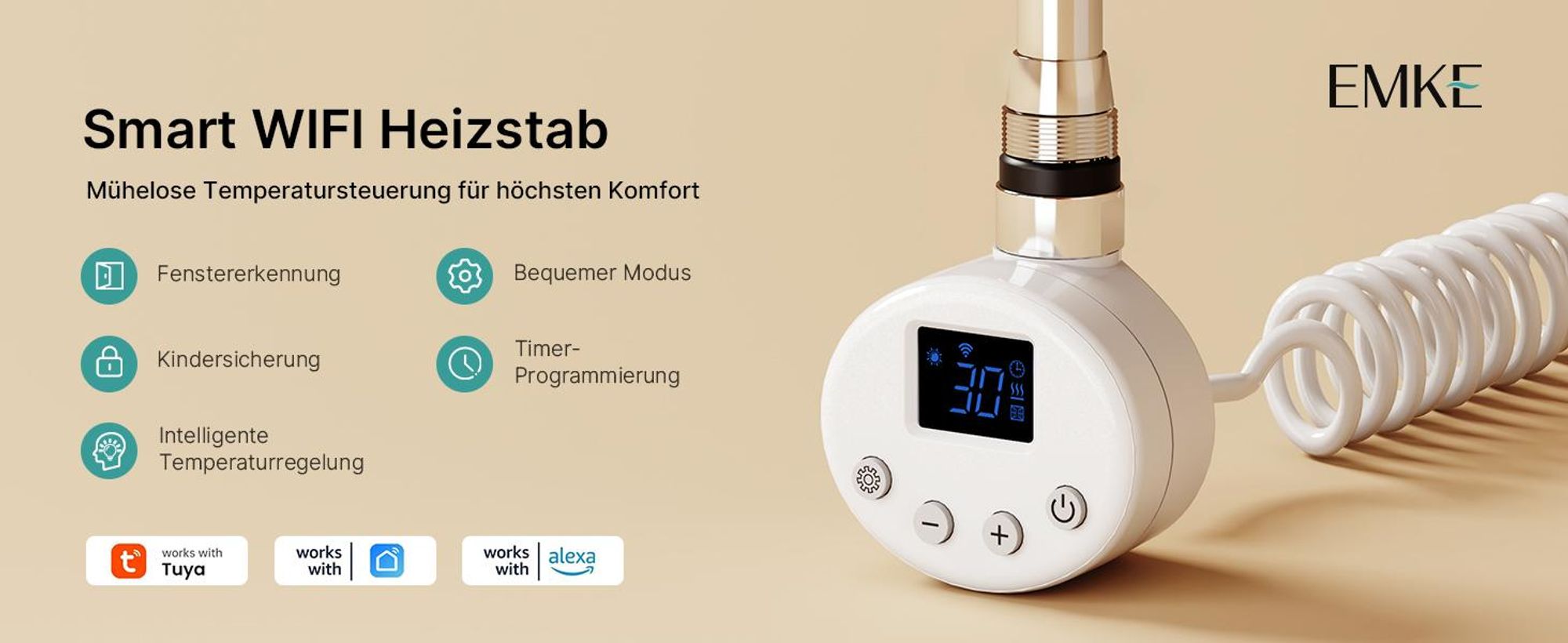 EMKE Heizstab 300W mit Wifi App Steurung Timer Funktion, weiß, 4 Heizmodi Childlock Google Home Sprachsteuerung für Badheizkörper