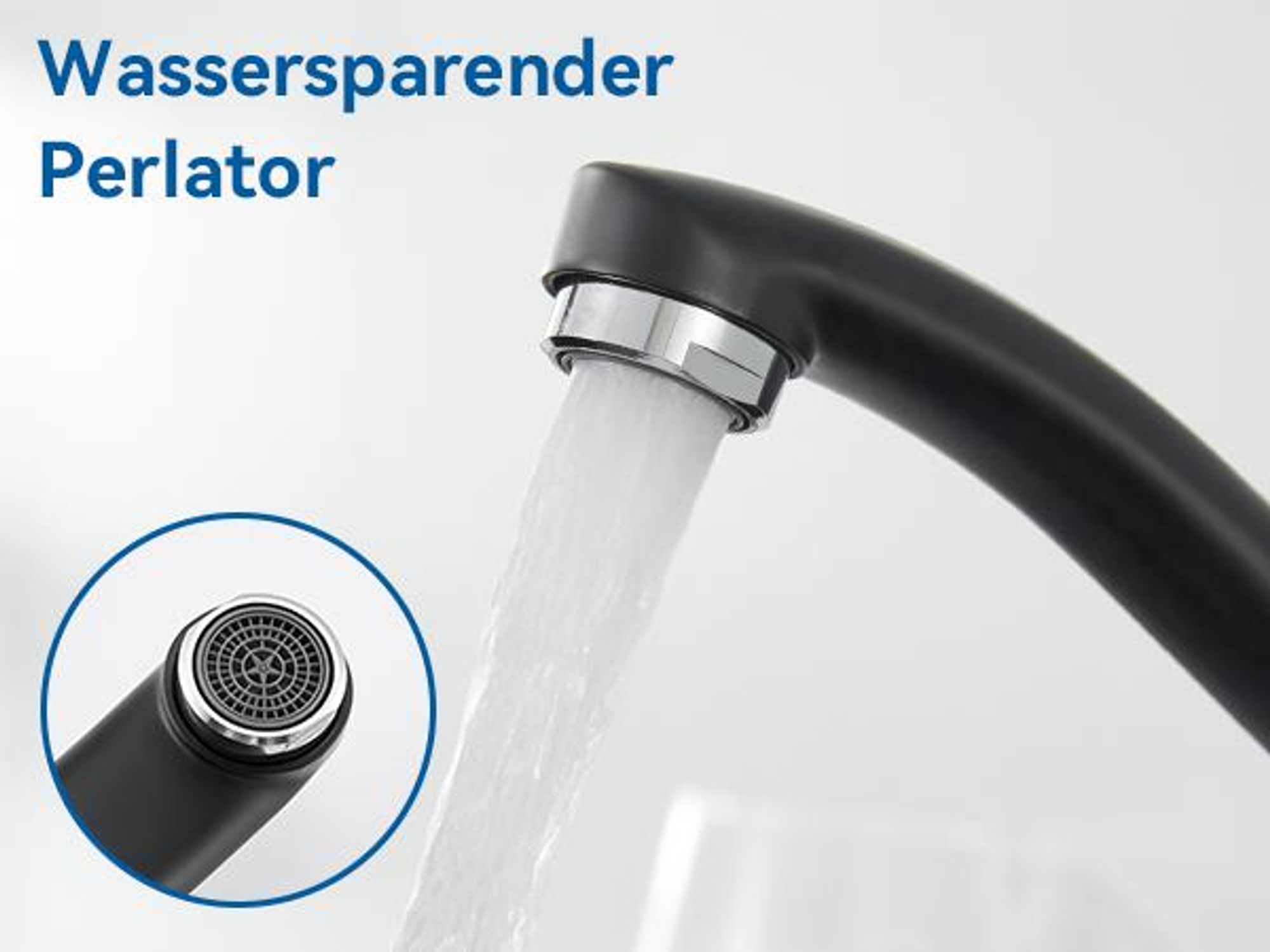 Küchenarmatur mit langem Auslauf – 360° drehbarer Wasserhahn in Schwarz, Edelstahl-Innenleben, ABS-Luft-Einspritzer, für links/rechts montierbar
