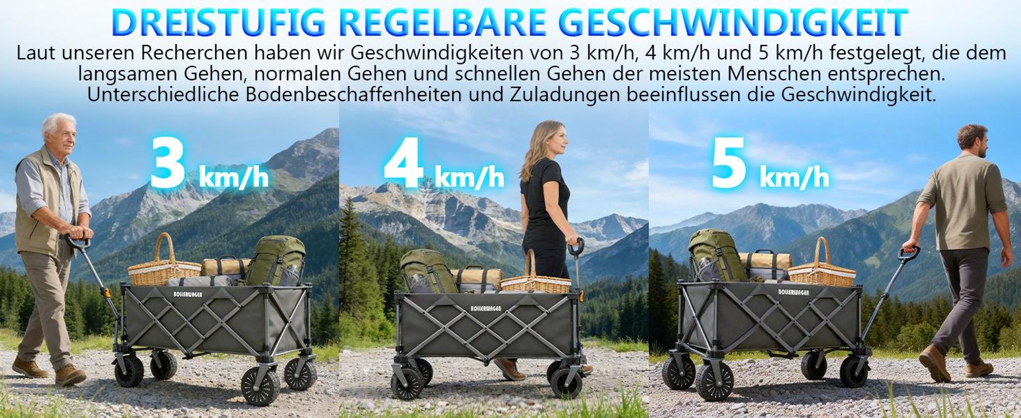 Elektrokarre Bollerwagen Akku 280L 120KG mit 50W bürstenlosem Motor Belastbar Gartenwagen mit 4.0AH Akku, 3 Gang, Faltbar Camping Strand Garten, Grau
