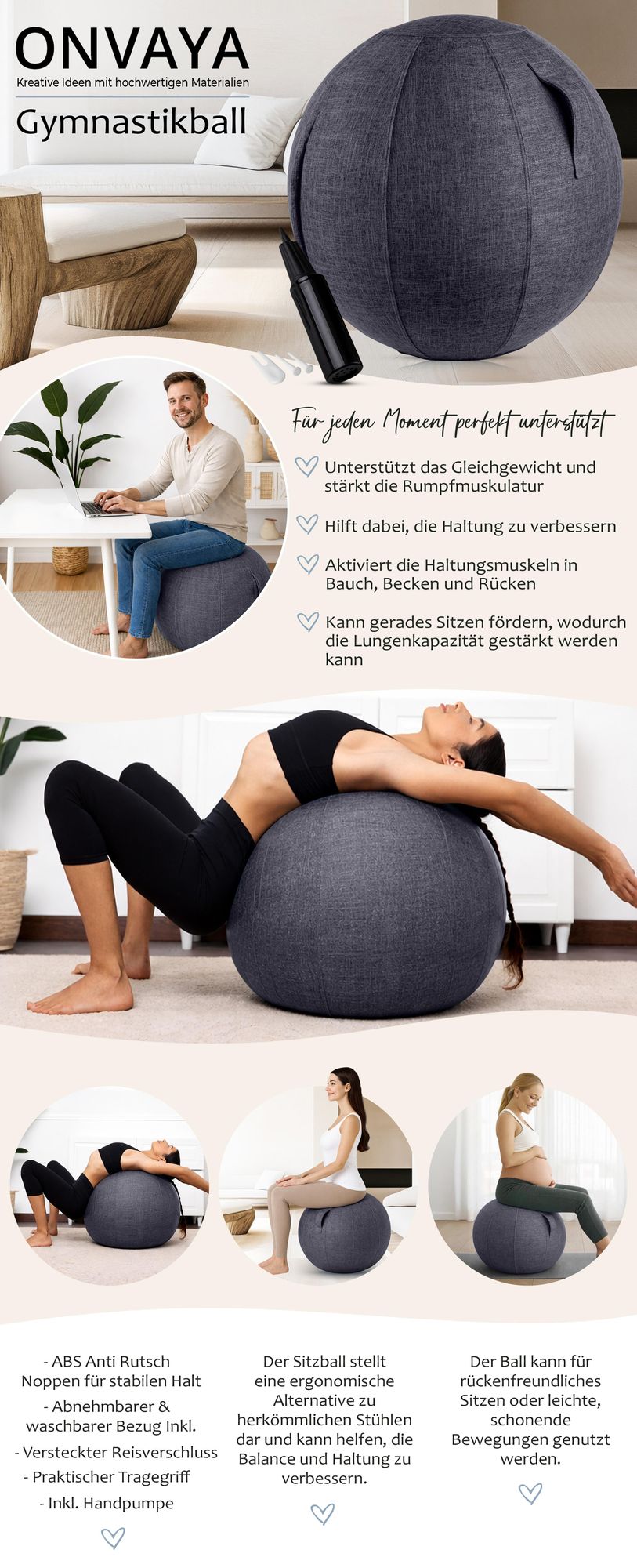 ONVAYA® Gymnastikball 65cm mit Bezug | Rutschfester Yoga-Ball | Stabiler Sitzball für ergonomisches Sitzen | Fitnessball | Schwangerschaftsball | Grau