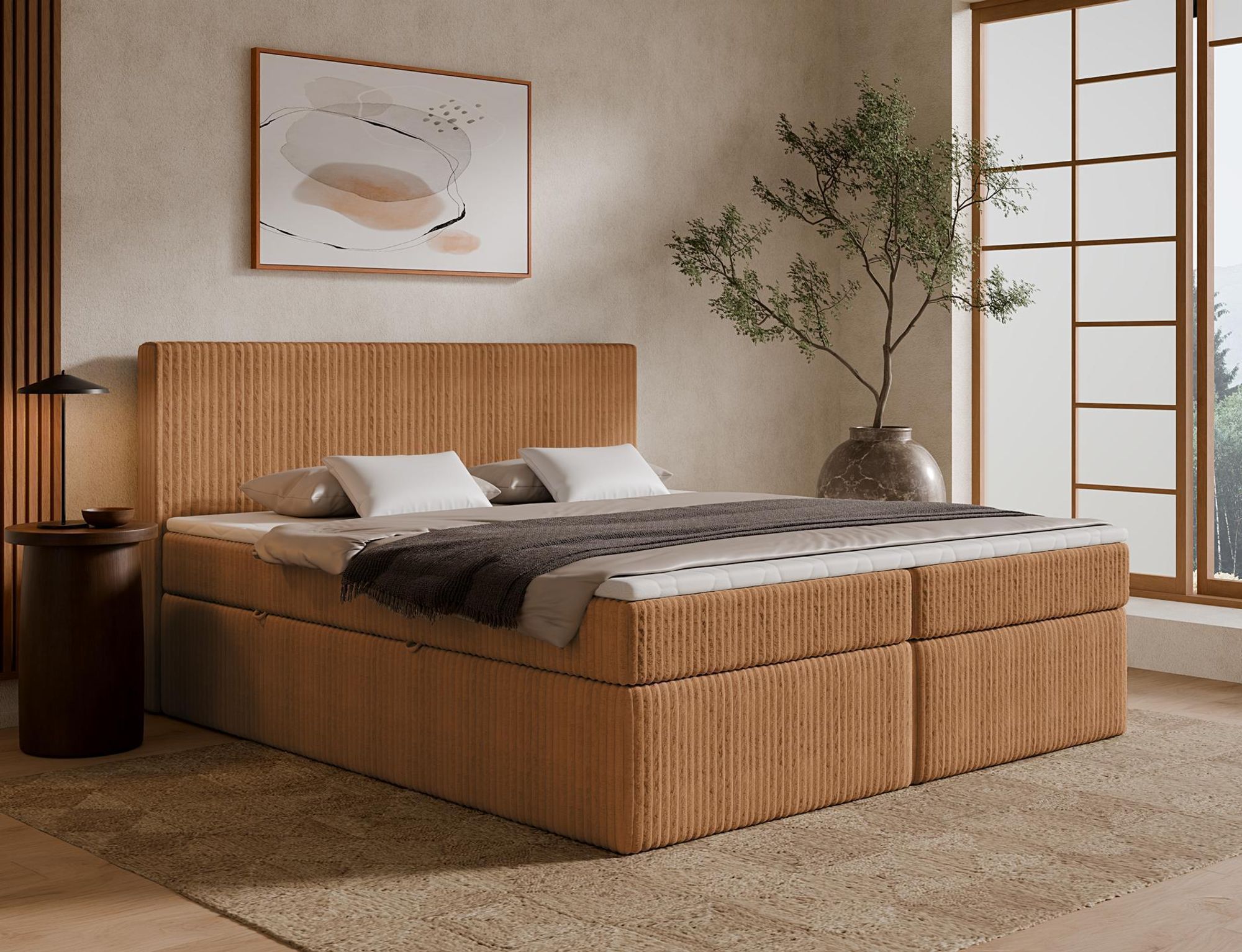 Boxspringbett TILIA ONE in Braun mit Bettkasten und Topper