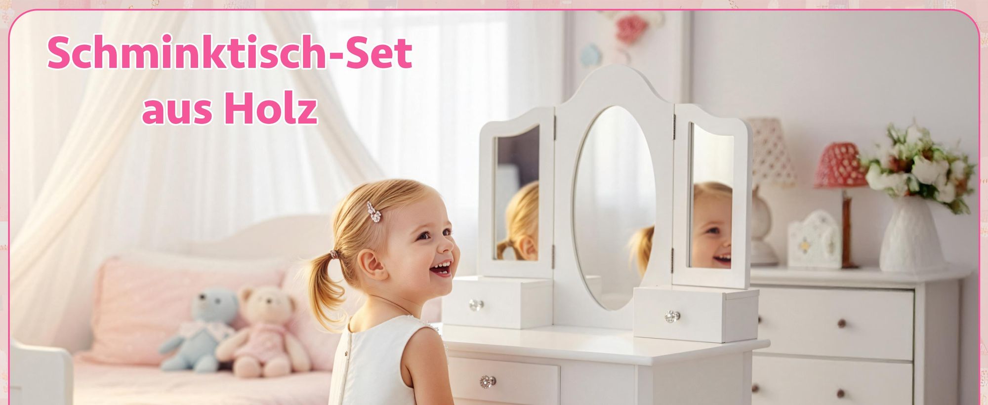 Kinderschminktisch Holz Weiß mit Spiegel & Hocker – Frisiertisch mit 3 Schubladen, Aufklebern & Tattoos, für Mädchen ab 3 Jahren, 60x39x105,5 cm