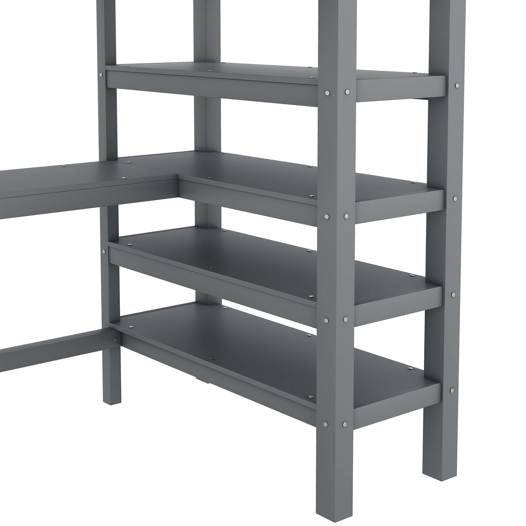 Merax Etagenbett Hochbett 90x200 cm, Kinderbett mit Ablagefächern & Schreibtisch, Stockbett mit Zäune, Jugendbett, Grau