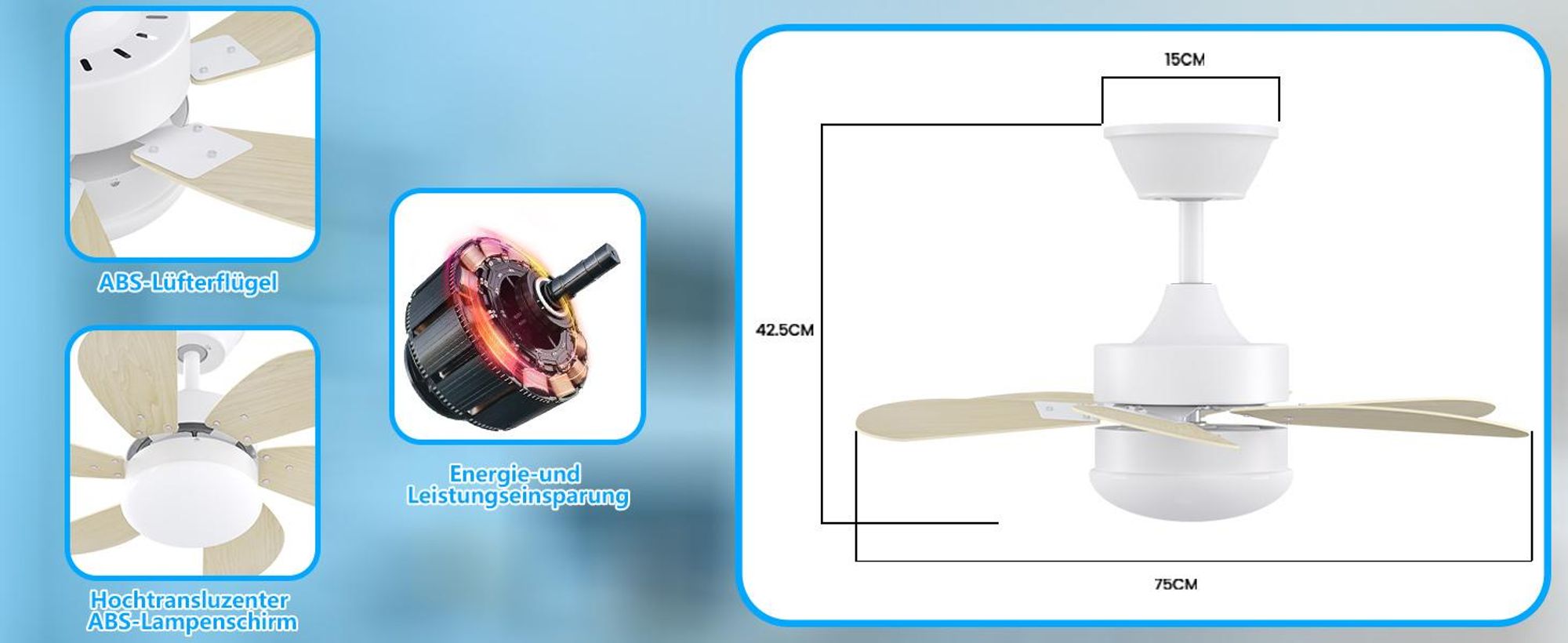ZMH Stropný ventilátor so svetlom a diaľkovým ovládaním Tichý - stropné svietidlo 6 lopatiek Ø75 cm Ventilátor Časovanie Stropné svetlo Jedno svetlo Ventil