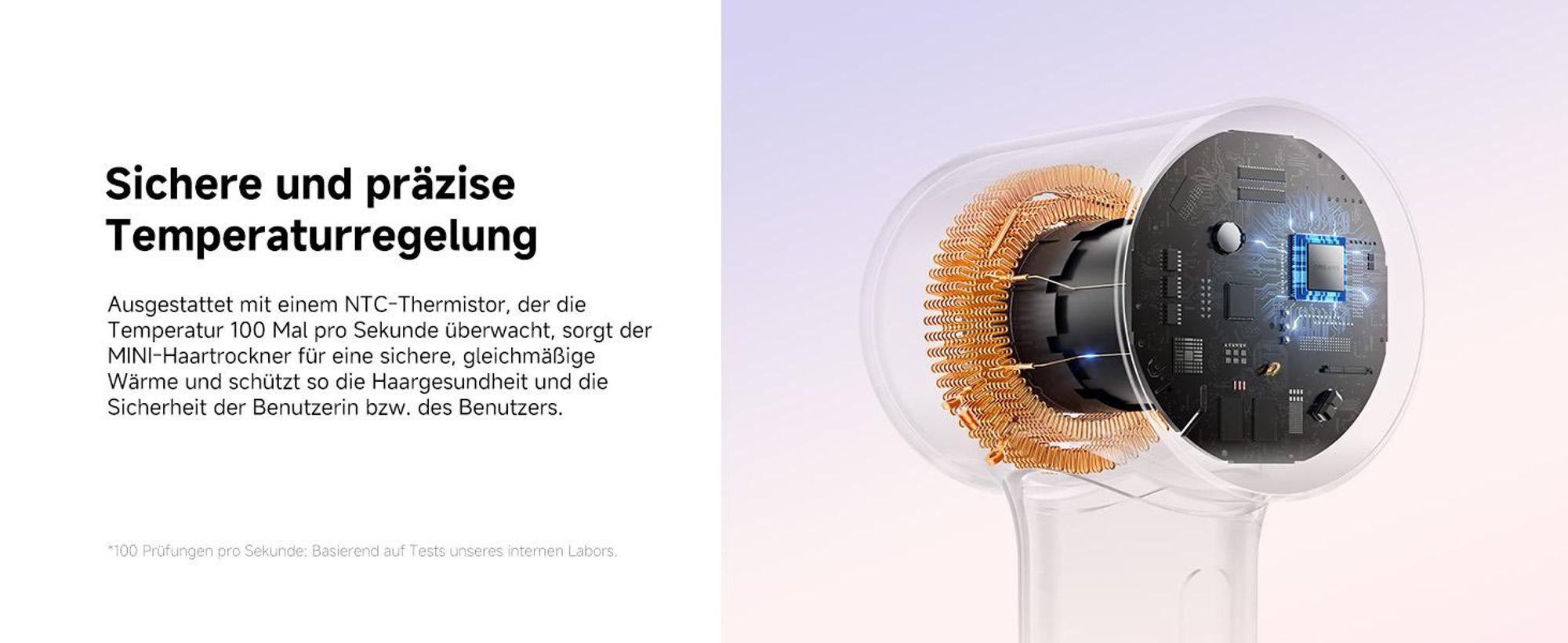 Dreame Mini Haartrockner, Temperaturregelung in 5 Stufen, Kindermodus 40°C, negative Ionisierung, 1200W, schnelle Trocknung 70m/s, 73dB, 270g, weiß