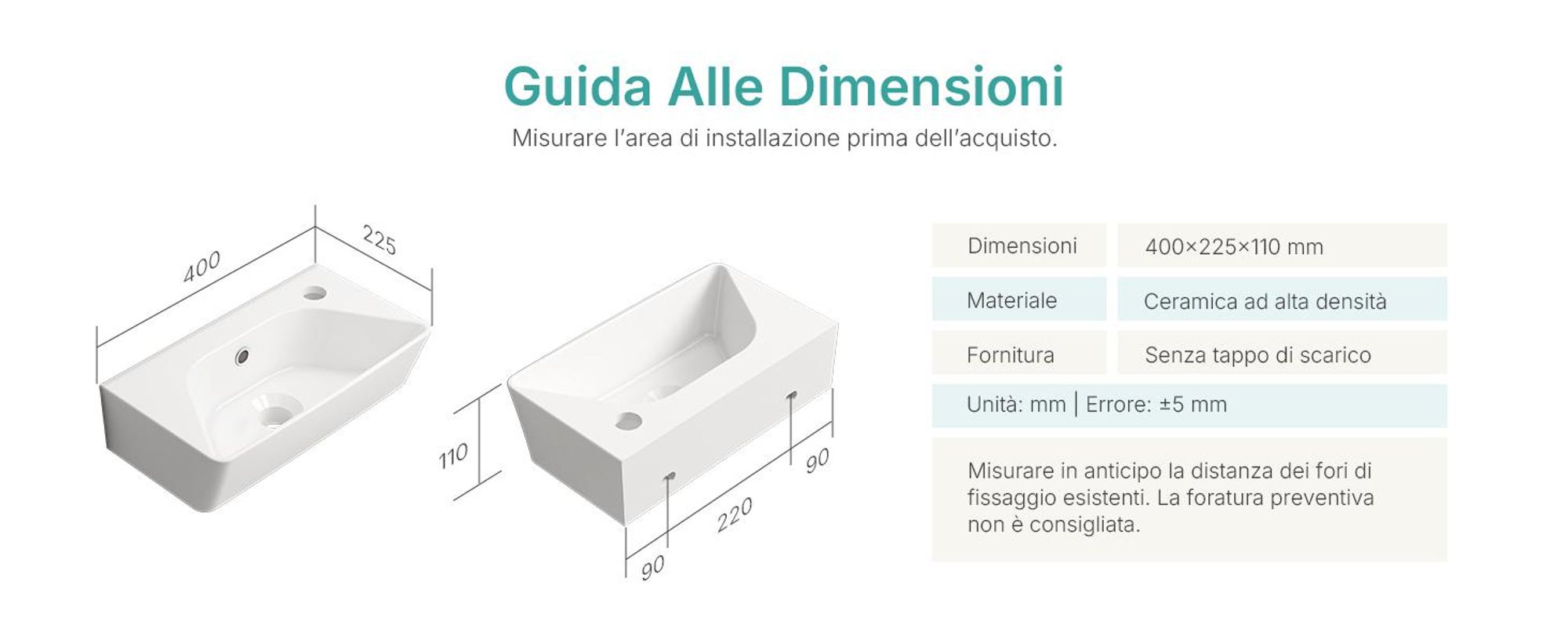 EMKE Lavabo a parete in ceramica rettangolare 400x225 mm bianco lucido Lavabo a parete moderno con foro per rubinetto e troppopieno per WC ospiti e bagno piccolo