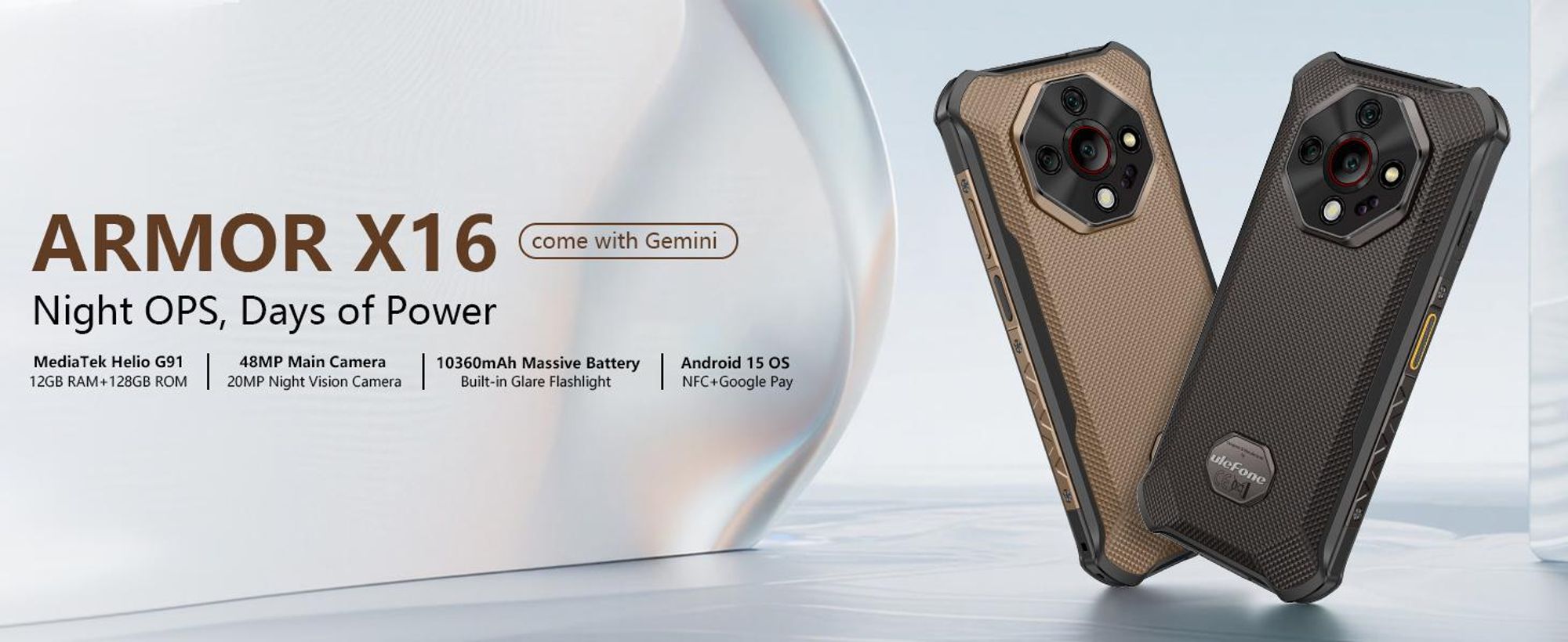 Ulefone Armor X16 Outdoor Handy Ohne Vertrag - 12GB + 128GB - 10360mAh 6.56" 48MP+20MP mit Flashlight, IP68 Outdoor Smartphone Android 15 NFC- Schwarz