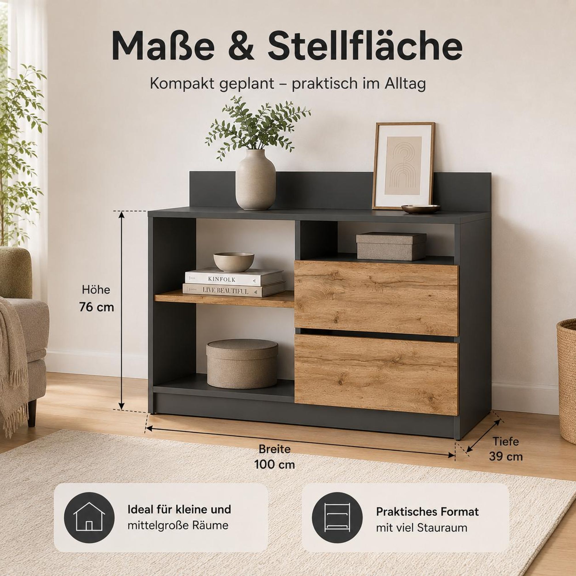 Moderne Kommode in Anthrazit und Eiche Wotan für Wohnzimmer, Flur oder Flur.