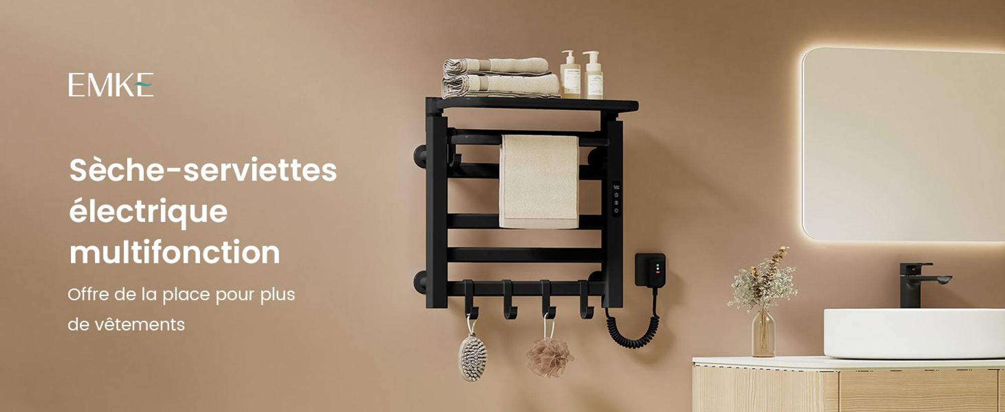 EMKE Sèche-serviettes électrique 500x500 mm, 140W, double rangée, tubes plats, étagère et crochets, WiFi Tuya Alexa, noir mat