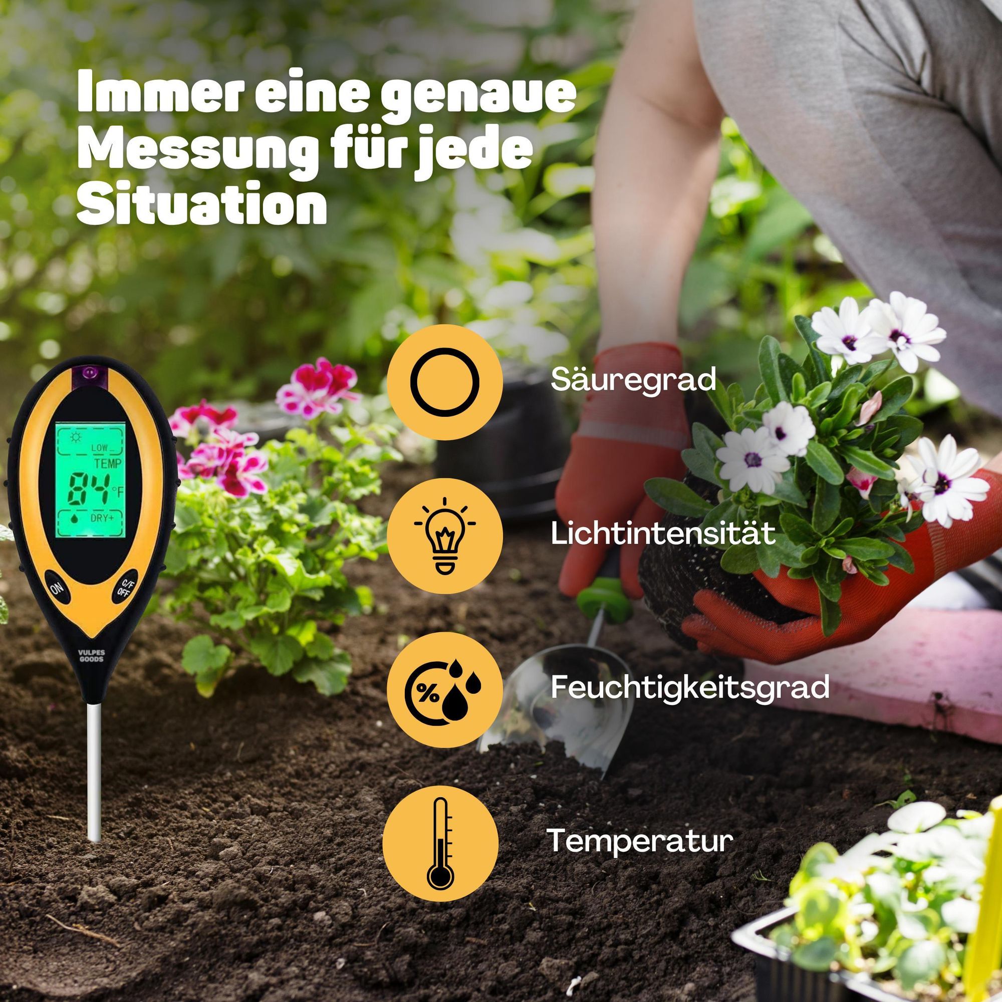 Vulpes Goods Bodenfeuchtigkeitsmessgerät, Für Pflanzen, 4-in-1, Thermo- und Feuchtigkeitsmesser, Innen und Außen, pH Licht, Boden testen, Mit Batterie