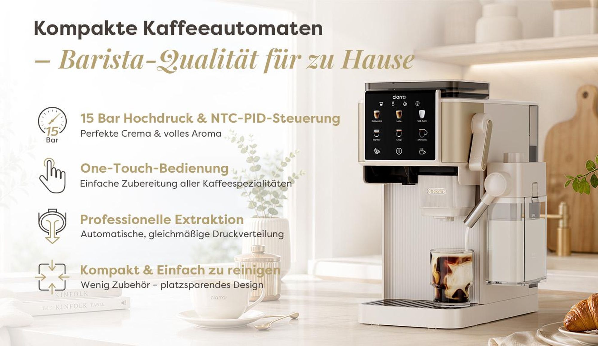 CIARRA Kaffeemaschine mit Mahlwerk Bohnen, 15 Bar, Touch-Display, Espressomaschine mit Milchaufschäumer(300 ml), 6 Mahlstufen CBSACM-D6