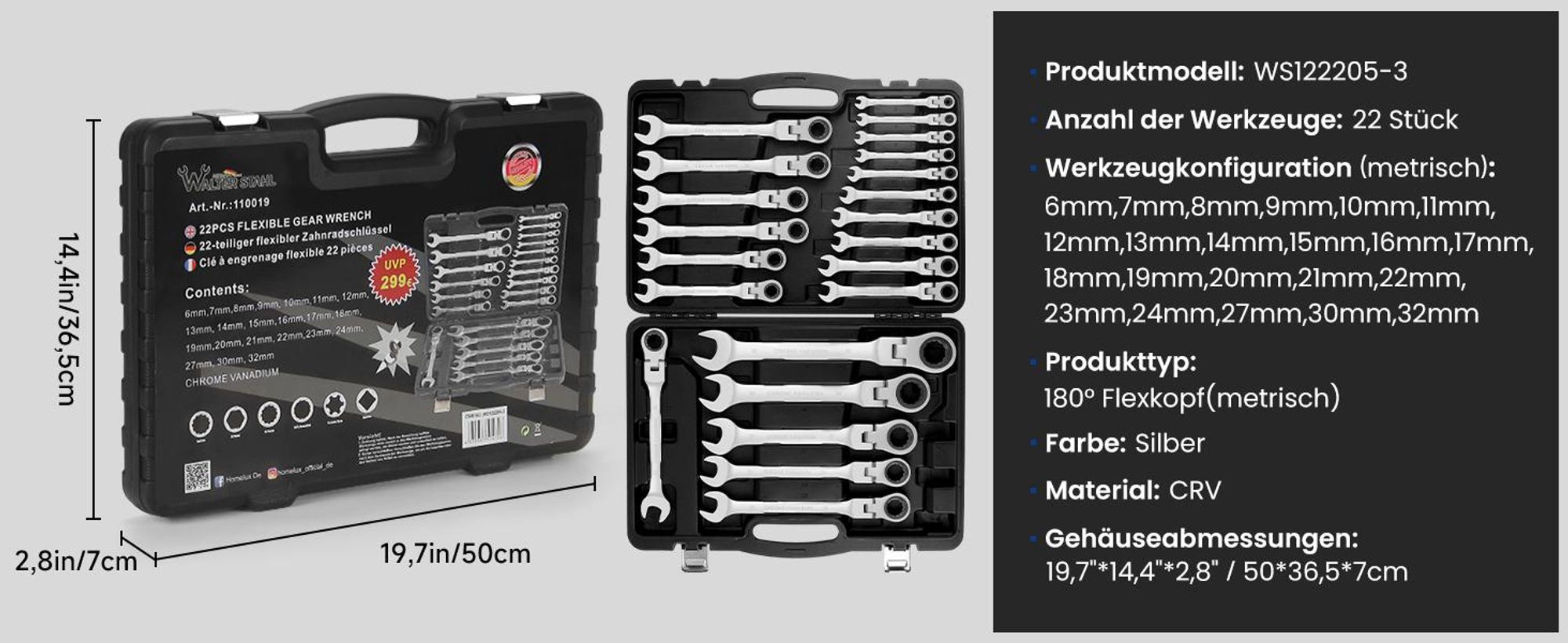 Ratschenschlüssel-Sets, 22-teilig, 180° flexkopf, 72-Zahn-Ratschengetriebe, 6–32 mm
