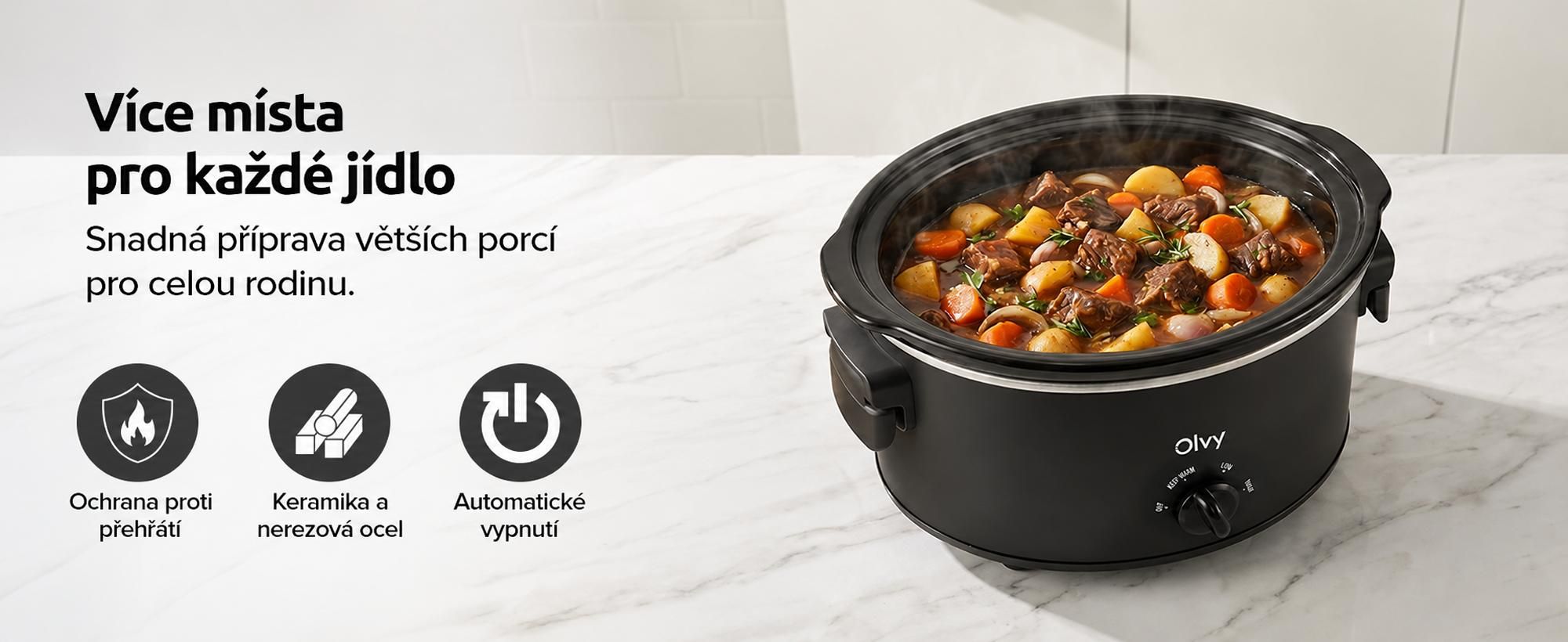 Pomalý vařič Olvy 6 l – keramická vnitřní nádoba – včetně kuchařky – funkce udržování teploty