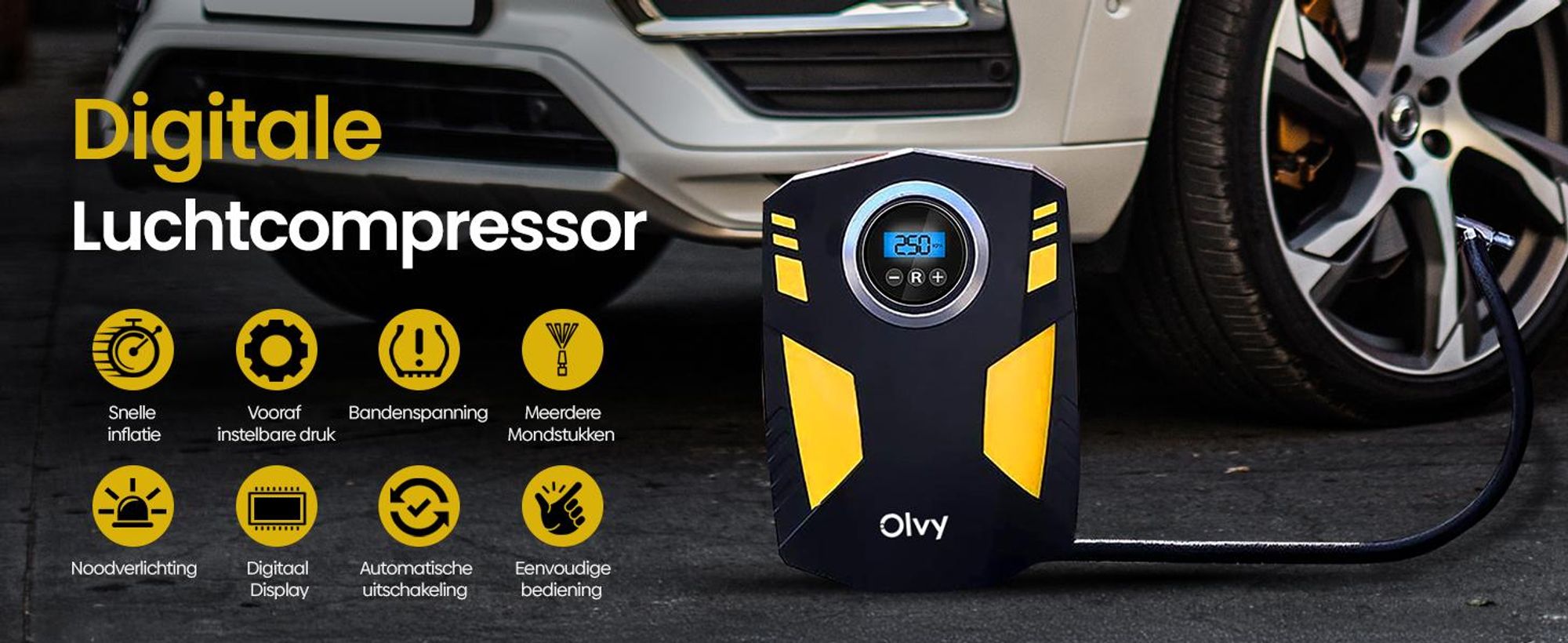 Olvy Compressor Bandenpomp - Luchtcompressor 12V - Elektrische Bandenpomp - Fiets/Auto/Motor/Bal/Luchtbed - Met 4 Opzet Stukken