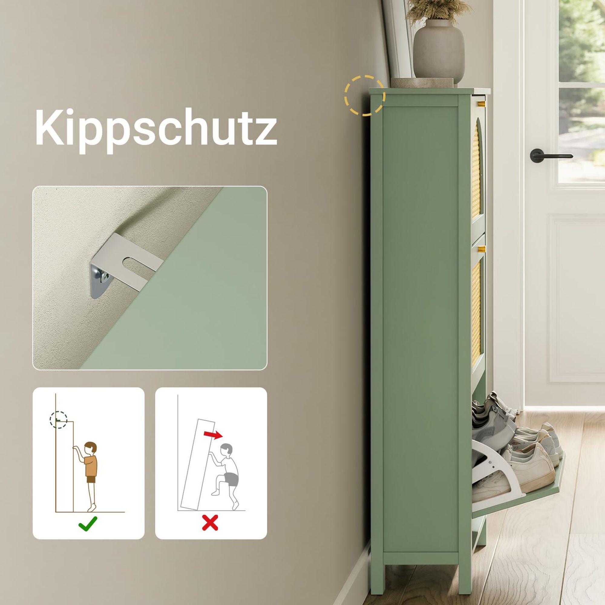 SoBuy Schuhschrank mit 3 Klappen, grün/gelb gewebt, schmal 62x25x121 cm Dreitüriger Schuhschrank mit Klappböden FSR222-GR
