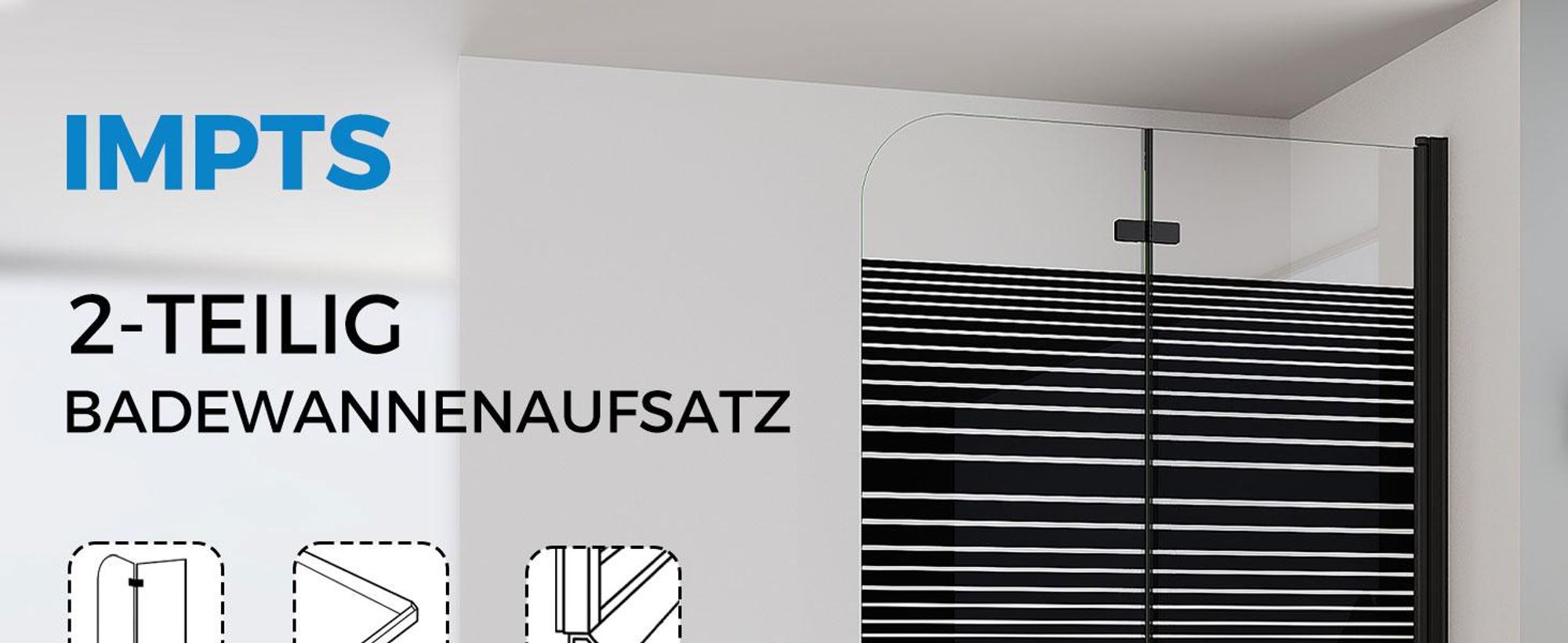 IMPTS Duschwand für Badewanne 120x140cm Faltbar Duschabtrennung 2-teilig Badewannenaufsatz ESG GLAS Badwannenfaltwand Schwarze, Gestreift