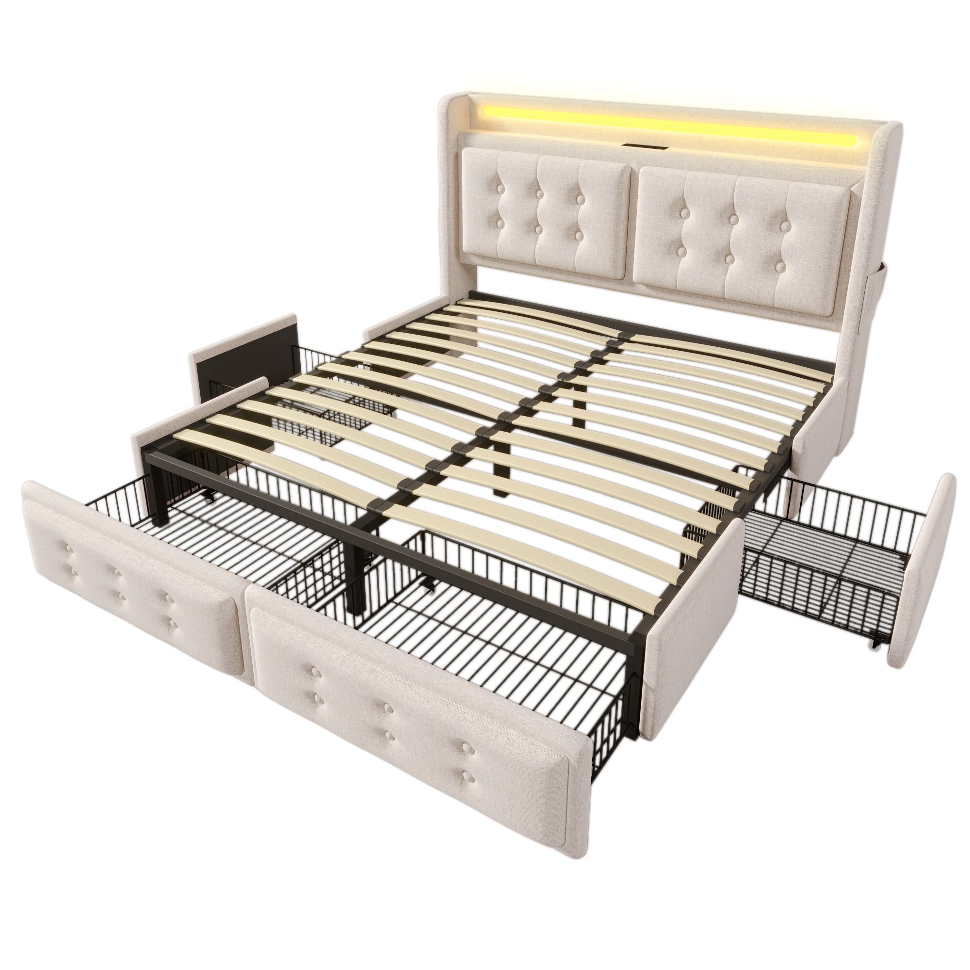 Flieks Polsterbett 140x200cm mit 4 Schubladen, Stauraumbett Doppelbett mit Ladefunktion, Jugendbett Holzbett mit LED, Funktionsbett Baumwolle, Beige