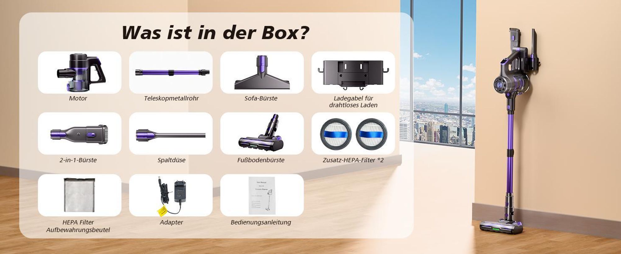 Akku Staubsauger, 48000Pa Staubsauger Kabellos mit Smart Display, Handstaubsauger, 550W Starke Saugleistung mit Anti-Verhedderung-Bürste, Ultraleiser