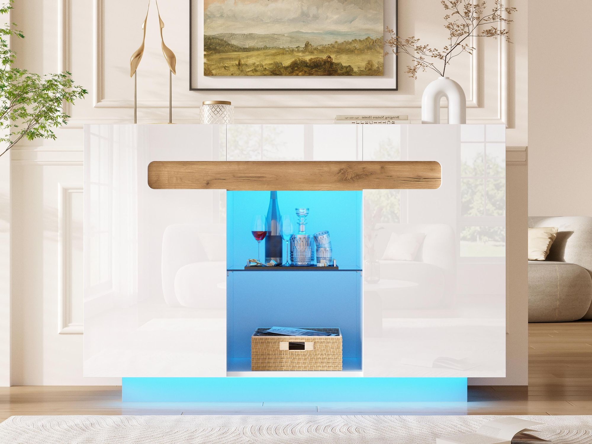 Merax Sideboard mit LED Beleuchtung, Kommode mit Schublade und Glasregale, Modernes High Gloss Design, Anrichte für Wohnzimmer Küche Flur, Weiß+Natur
