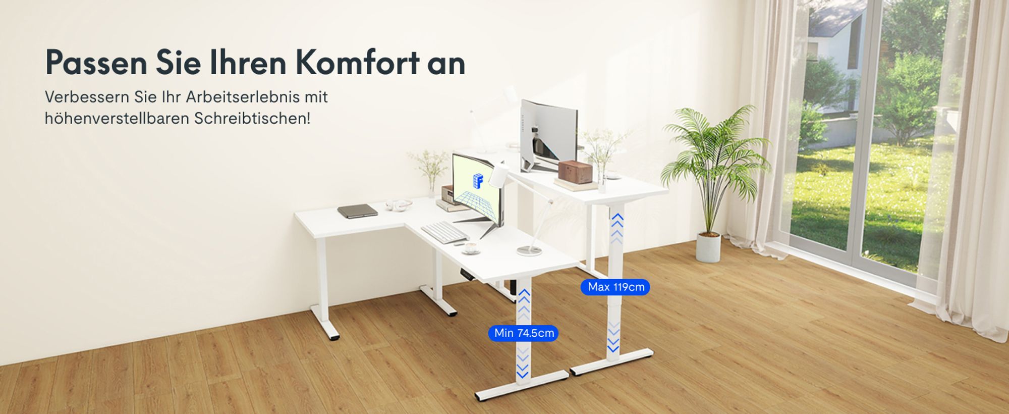 FLEXISPOT Höhenverstellbarer Schreibtisch 180x120cm L-förmiger Eckschreibtisch mit 3 Beinen, 4 Speicherplätzen, Antikollisionsschutz, LED (Weiß)