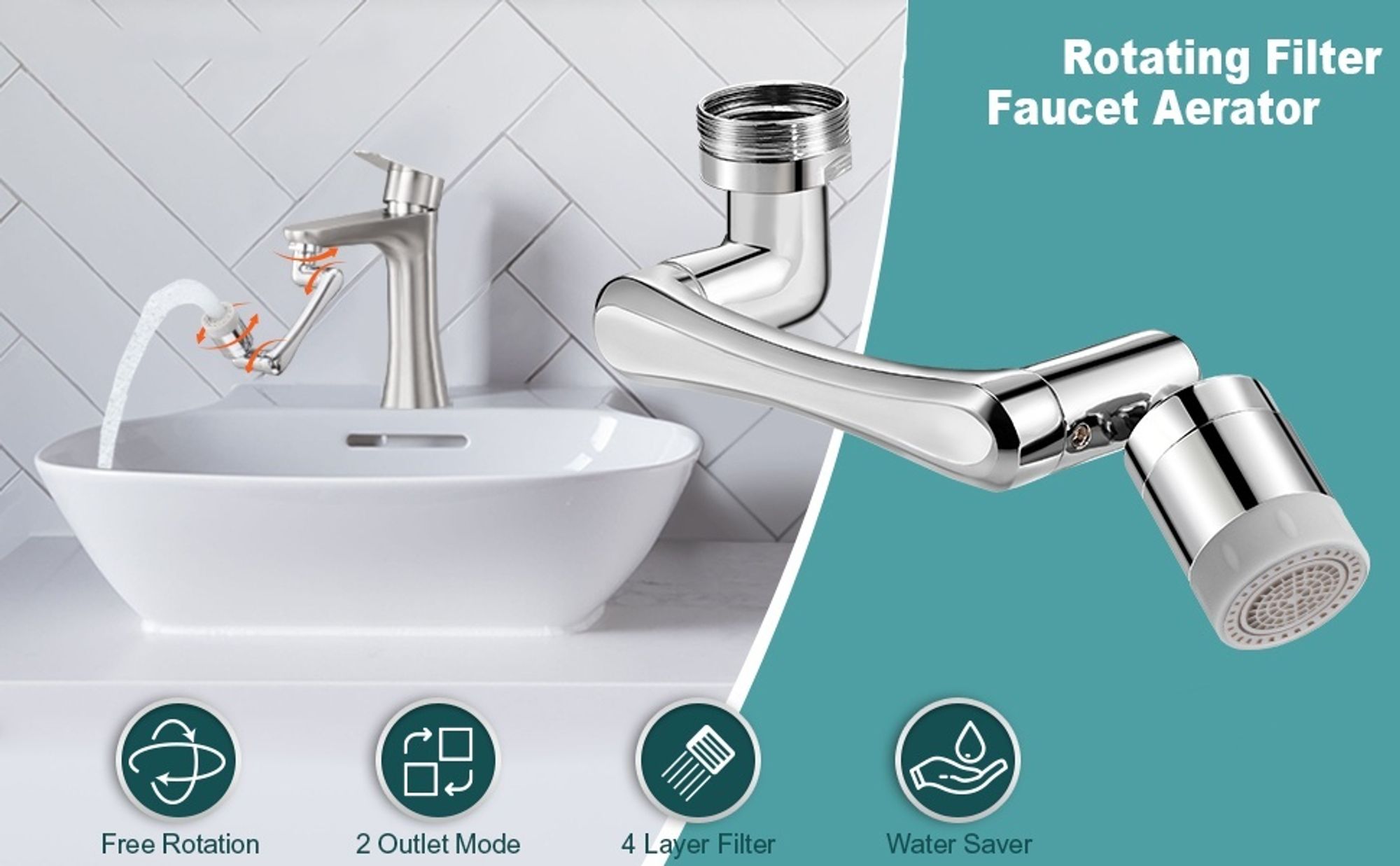 1080° Drehbarer Wasserhahn Aufsatz mit Spritzfilter – Universal Strahlregler & Luftsprudler – Dual-Funktions Schwenkarm für Badezimmer & Küche – 1 Stü