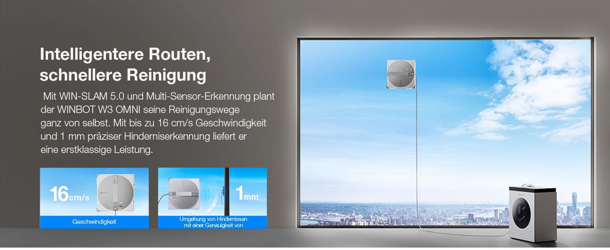 ECOVACS WINBOT W3 OMNI Fensterputzroboter mit Multifunktionsstation, Automatische Reinigung der Wischpads, Intelligente Reinigung entlang der Ränder