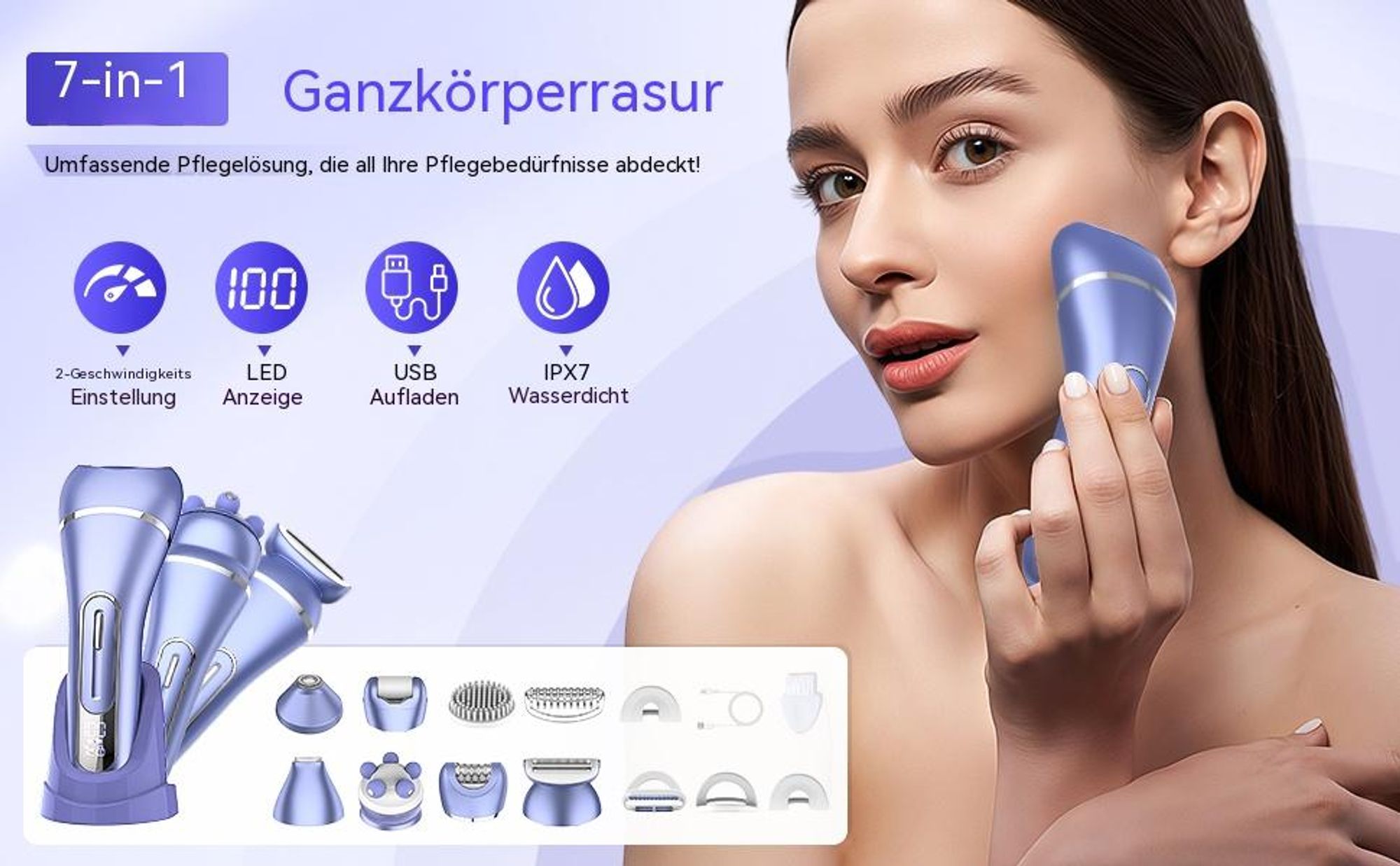 7-in-1 Epilierer Damen Elektrischer Rasierer, Intimrasierer & Bikini Trimmer, IPX7 Wasserdicht LED-Display, für Bikinizone Achseln und Beine