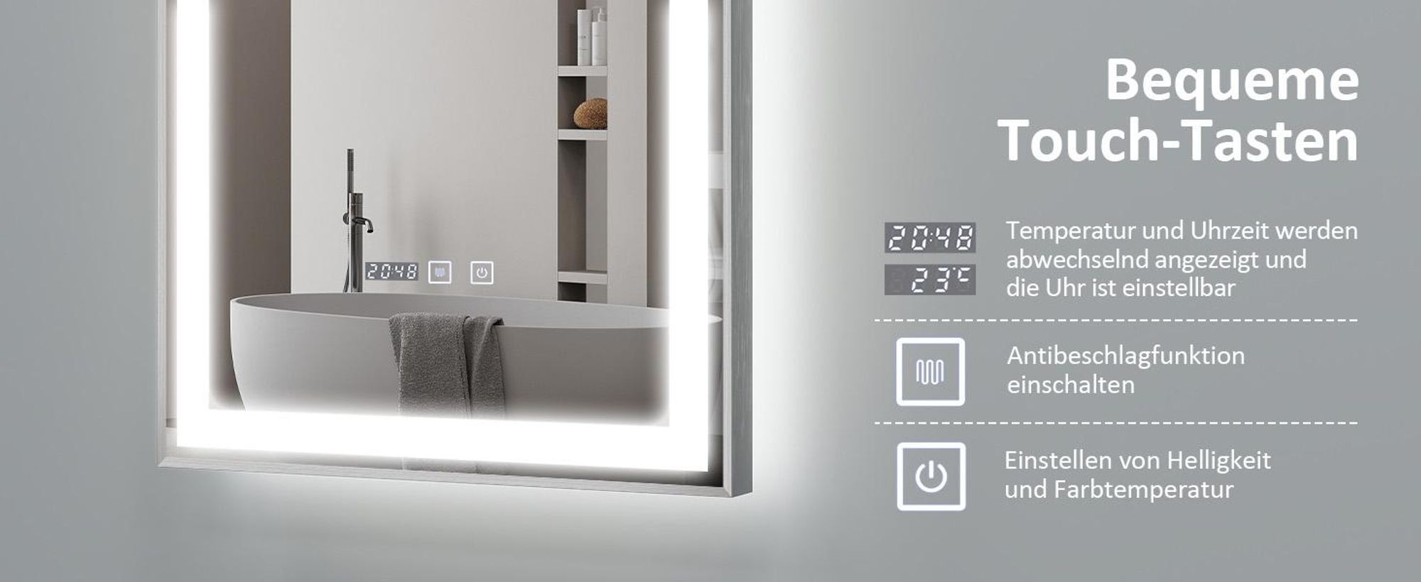 Puluomis Badspiegel 50x70 beschlagfrei mit 3 Farbe Beleuchtung, dimmbare Helligkeit, Badezimmerspiegel mit Digitaluhr, Temperatur silbern