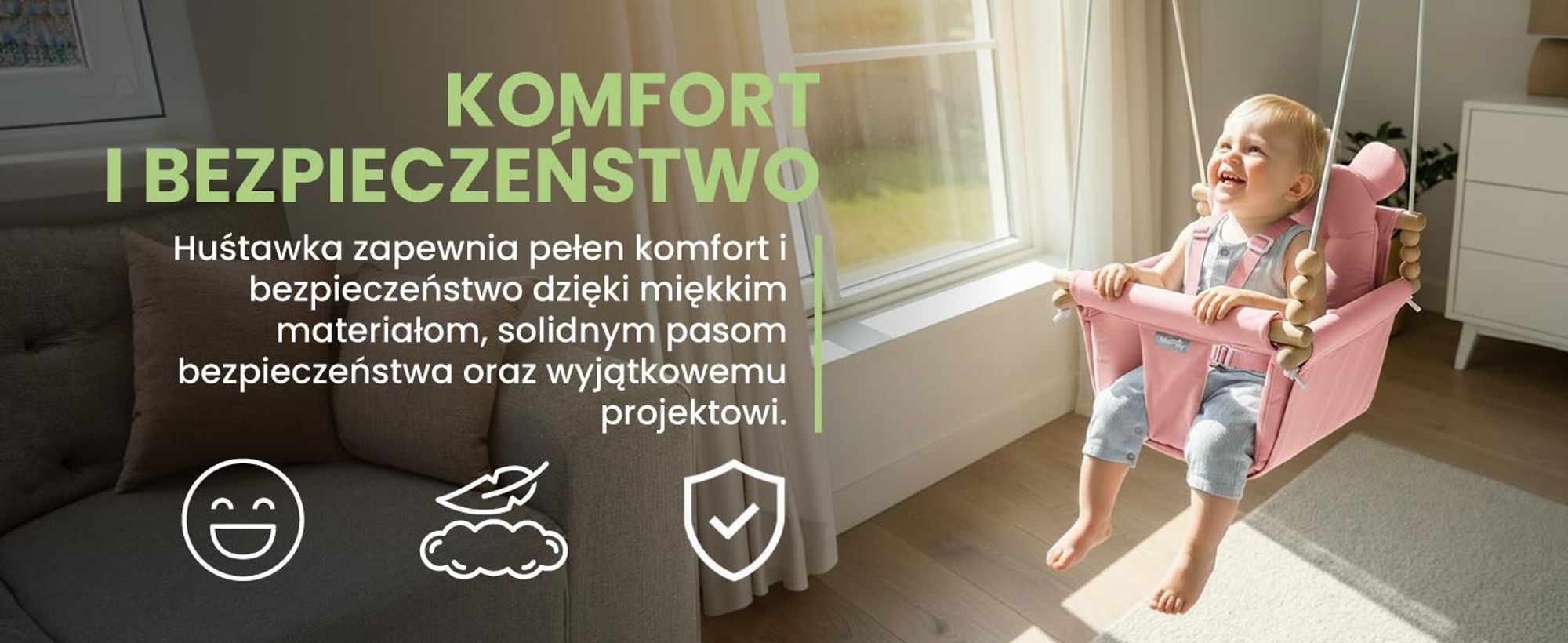 Różowa huśtawka dla dzieci na sznurkach z bawełnianą poduszką