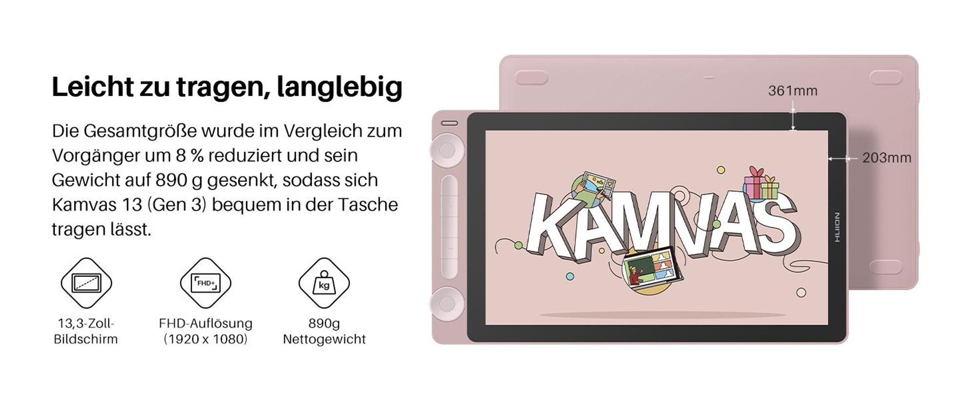 HUION Kamvas 13 Gen 3 Grafiktablett mit Display, 13,3-Zoll-Zeichenmonitor aus Canvas-Glas, 99% sRGB-Abdeckung, neues PenTech 4.0, 16384 Stiftdruck