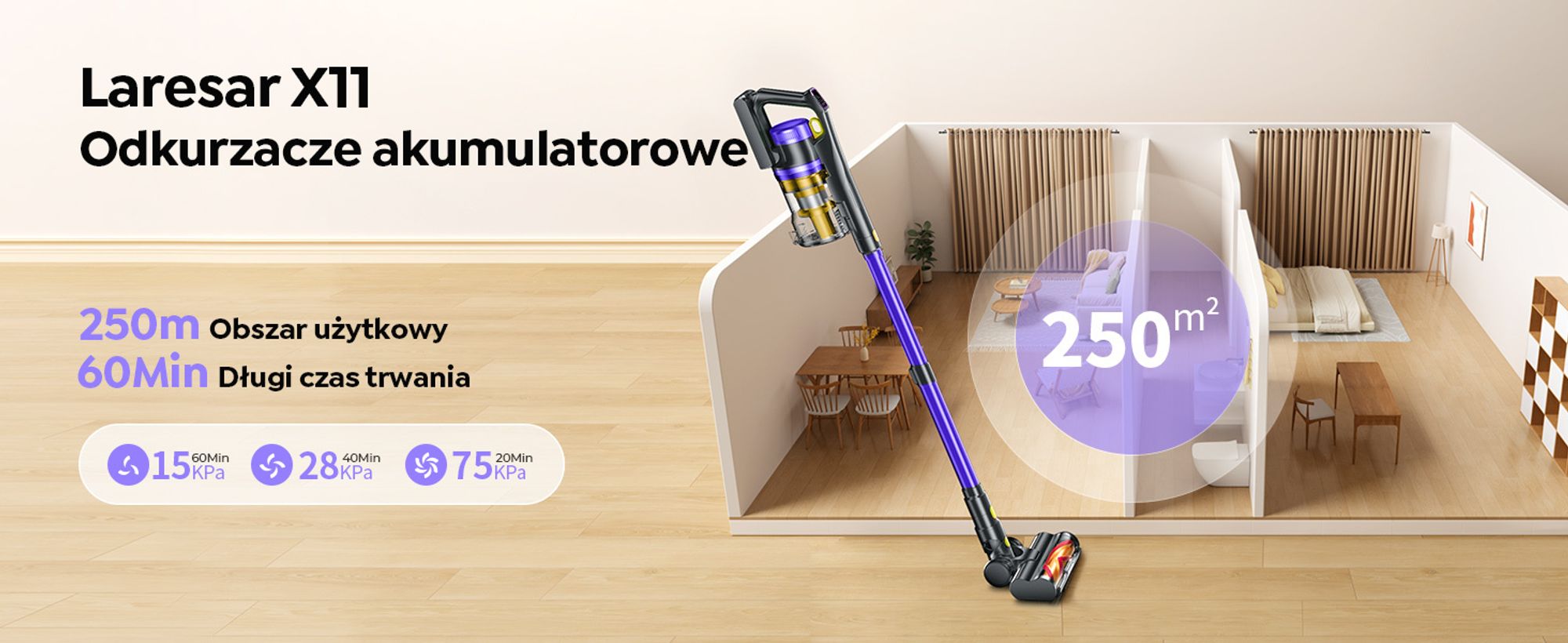 Laresar X11 Bezprzewodowy odkurzacz, 550 W/75 000 Pa Bezprzewodowy odkurzacz z ekranem dotykowym, do 60 minut czasu pracy, bezprzewodowy odkurzacz zap
