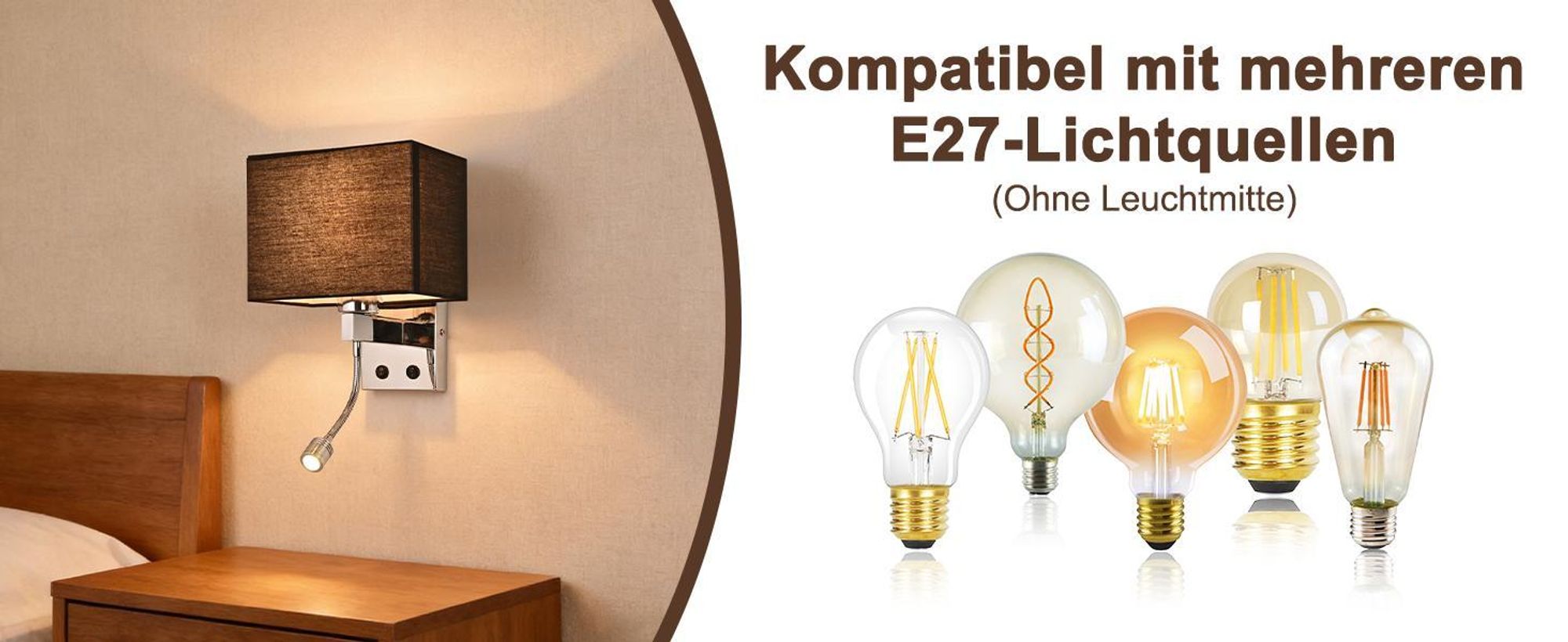 ZMH Applique da interno per camera da letto, lampada da parete, applique, nero, LED, orientabile a 360°, lampada da lettura, paralume in tessuto, attacco E27, illuminazione con interruttore, per hotel e corridoi