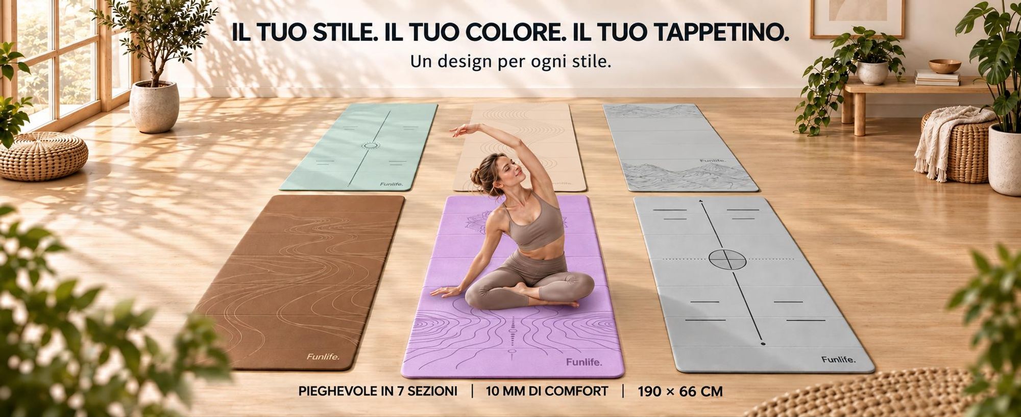 Tappetino da yoga pieghevole FunLife, dimensioni XXL 190x66 cm, spessore 10 mm, antiscivolo, ideale per yoga, pilates, allenamento a casa e attività all'aperto