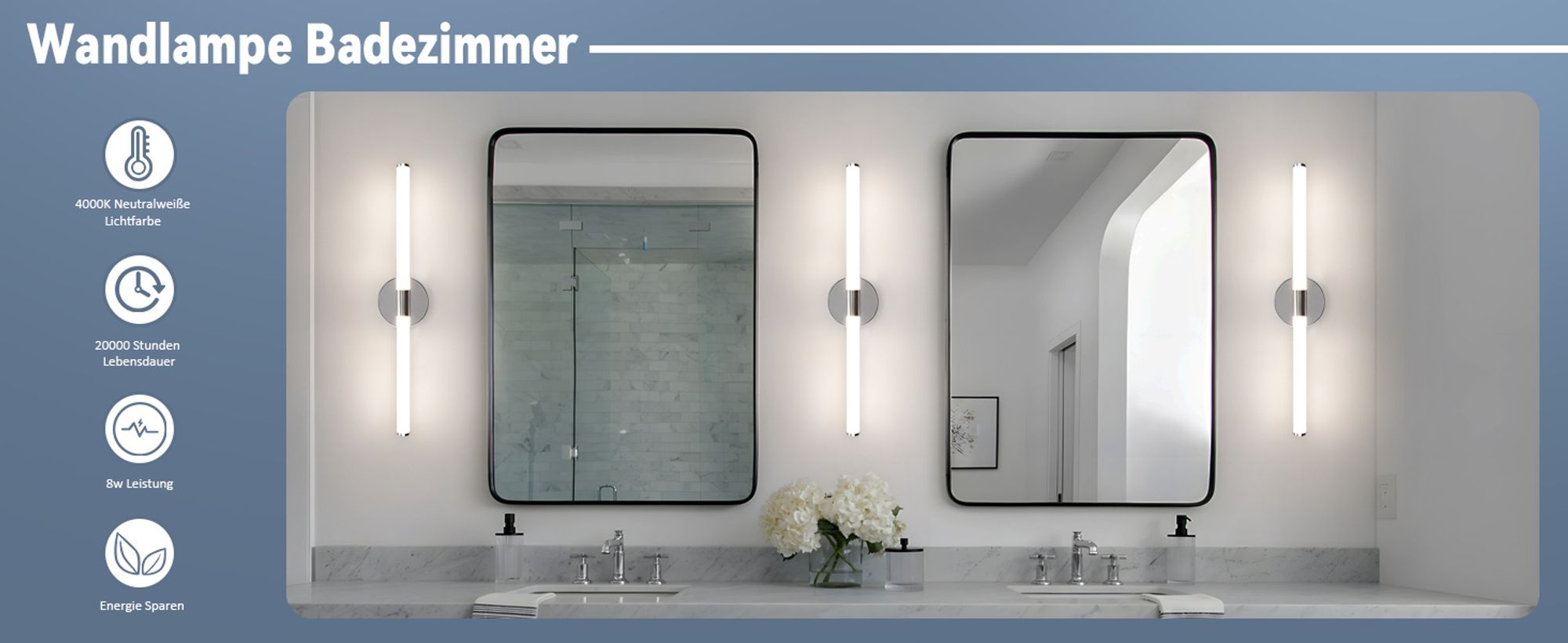 ZMH Spiegelleuchte  60CM Wandlampe LED Wand  Lampe 8W Wandleuchte 4000K Neutralweiß Modern Chrom